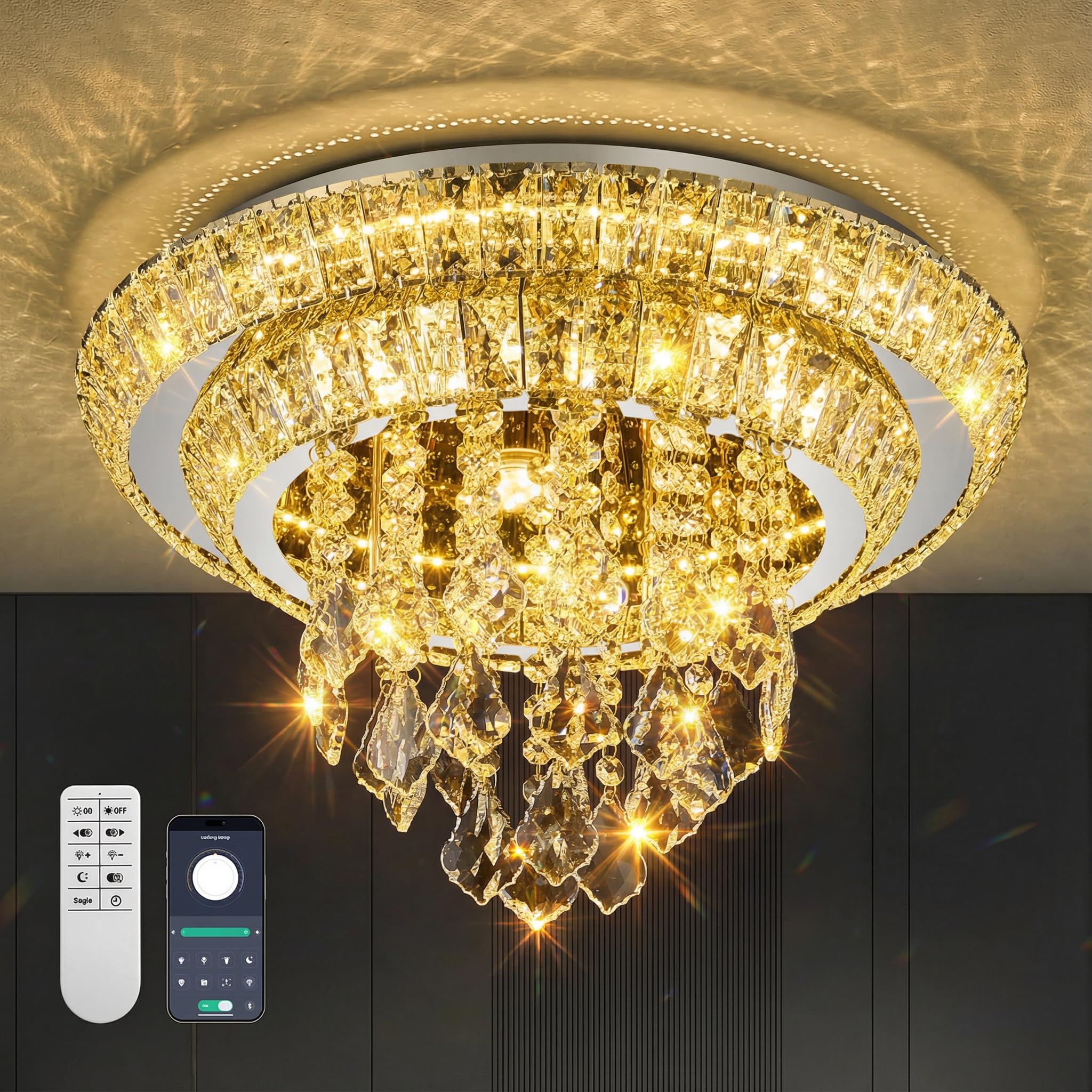 18" Flush Mount Crystal Chandelier Ceiling Light,Modern Raindrop Chandelier,Remote/APP,3-Color Dimmable Timer,Elegant LED Lighting for Dining Room Living Room-Sliver
