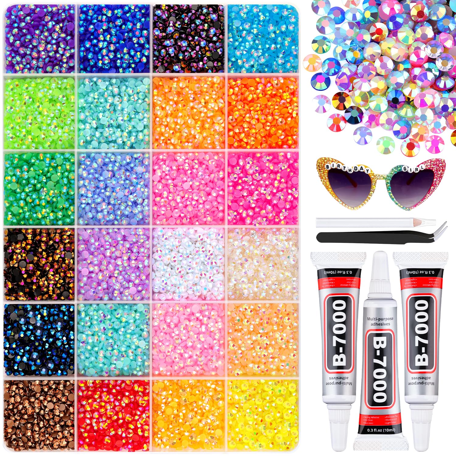 24000Pcs Mixed-Color Resin Rhinestones with B7000 Jewelry Glue for Crafting, 3mm Non Hotfix Flatback Gems, Bedazzling Crystal for DIY Crafts Clothing Tumblers Mugs Shoes Fabric Decor Nail Art