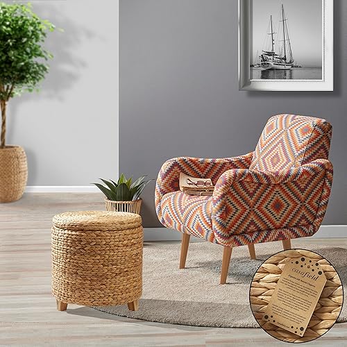 Miniatura 2 de Casafield Otomana redonda de almacenamiento de 17 pulgadas con tapa, natural, taburete de jacinto de agua tejido a mano para sala de estar,