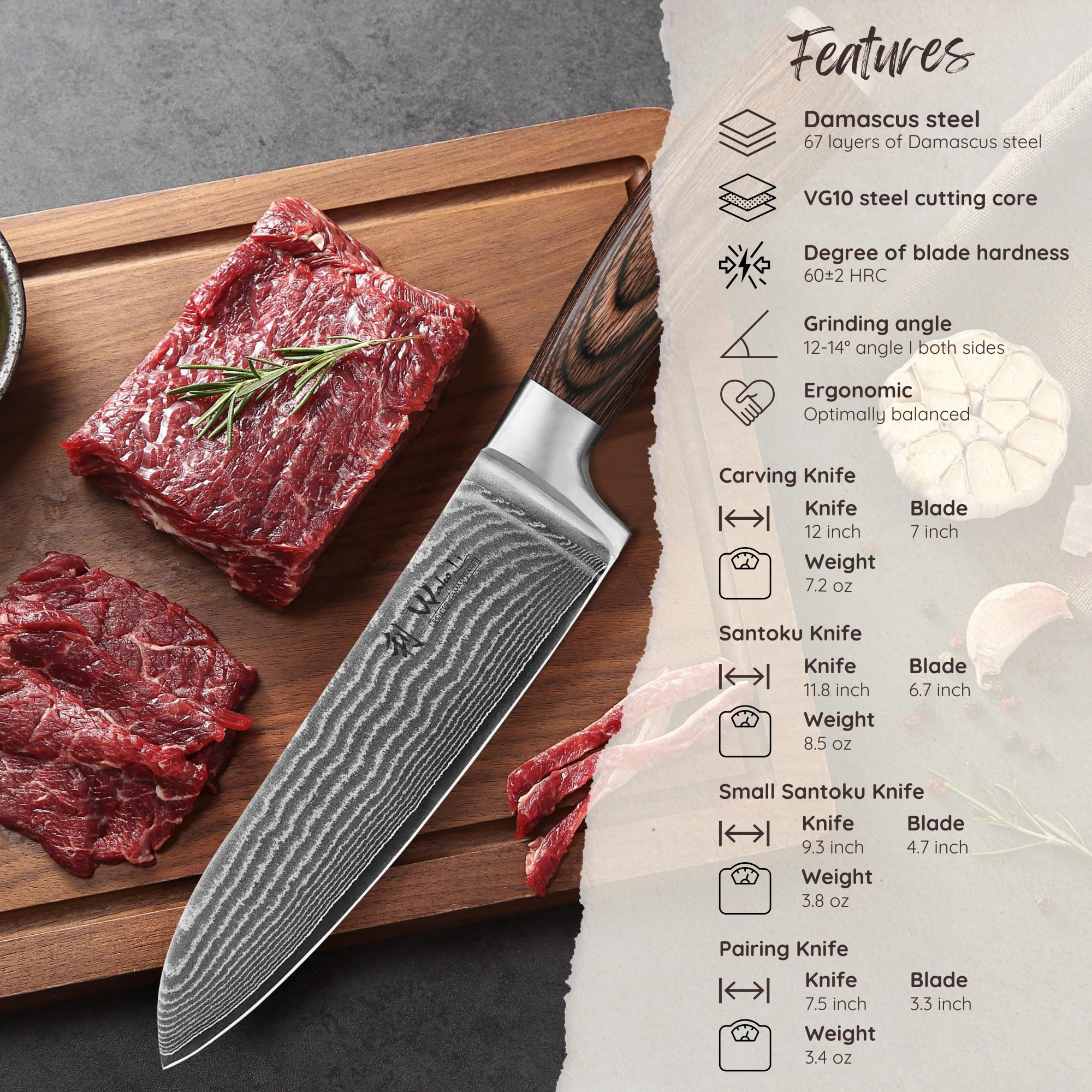 Wakoli Zestaw Noży, Stal Damasceńska, Sebrny, 29/19 cm, 2-Częściowy | Z Santoku 17 cm, nóż do mięsa 18 cm, mały Santoku 12 cm i nóż biurowy 8,5 cm z 67 warstw stali damasceńskiej z rdzeniem VG10