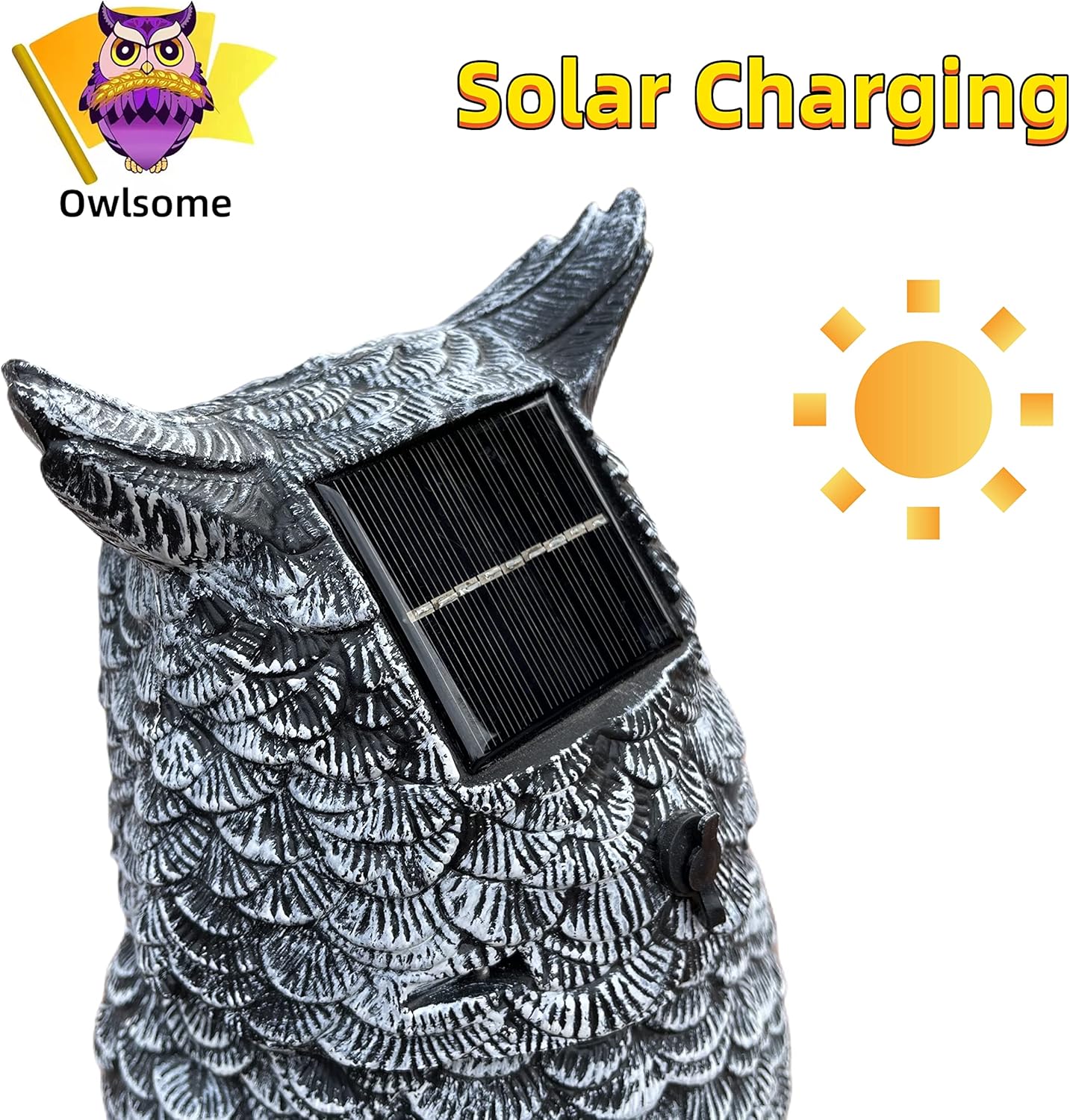 Owlsome Solar Snowy Owl with Flashing Eyes, Rotating Head, Hooting, Motion Detector and Silent Mode, Plastic Owl Garden Sculpture, Garden Decoration - Image 6