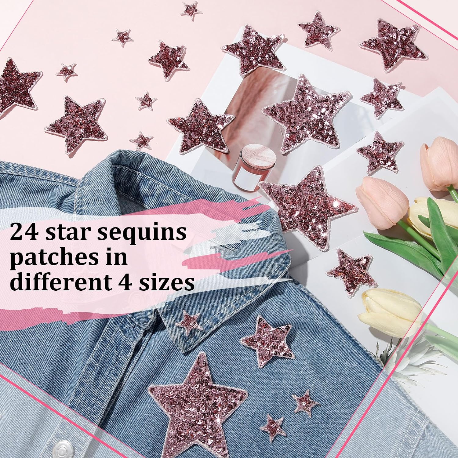 Daifunli 24 Pcs Sequin Star Iron on Patches in 4 Sizes Embroidered Decorative Shiny Stars Patches for Clothing Bags Jackets Jeans Hats Backpacks Costume Accessory(Pink,Star) image 4