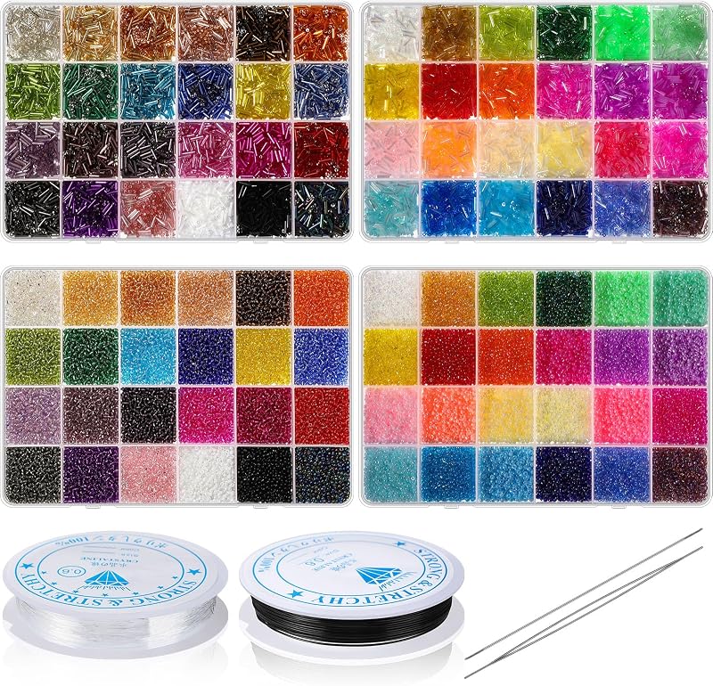 Todiamo 32000 cuentas de semilla de vidrio de 2 mm, 12000 cuentas de tubo de 7 mm, 48 colores | Kit de bordado, suministro a granel, para pulseras, collares, proyectos de artesanía de joyería, incluye agujas, cuerdas elásticas, 48 ​​colores