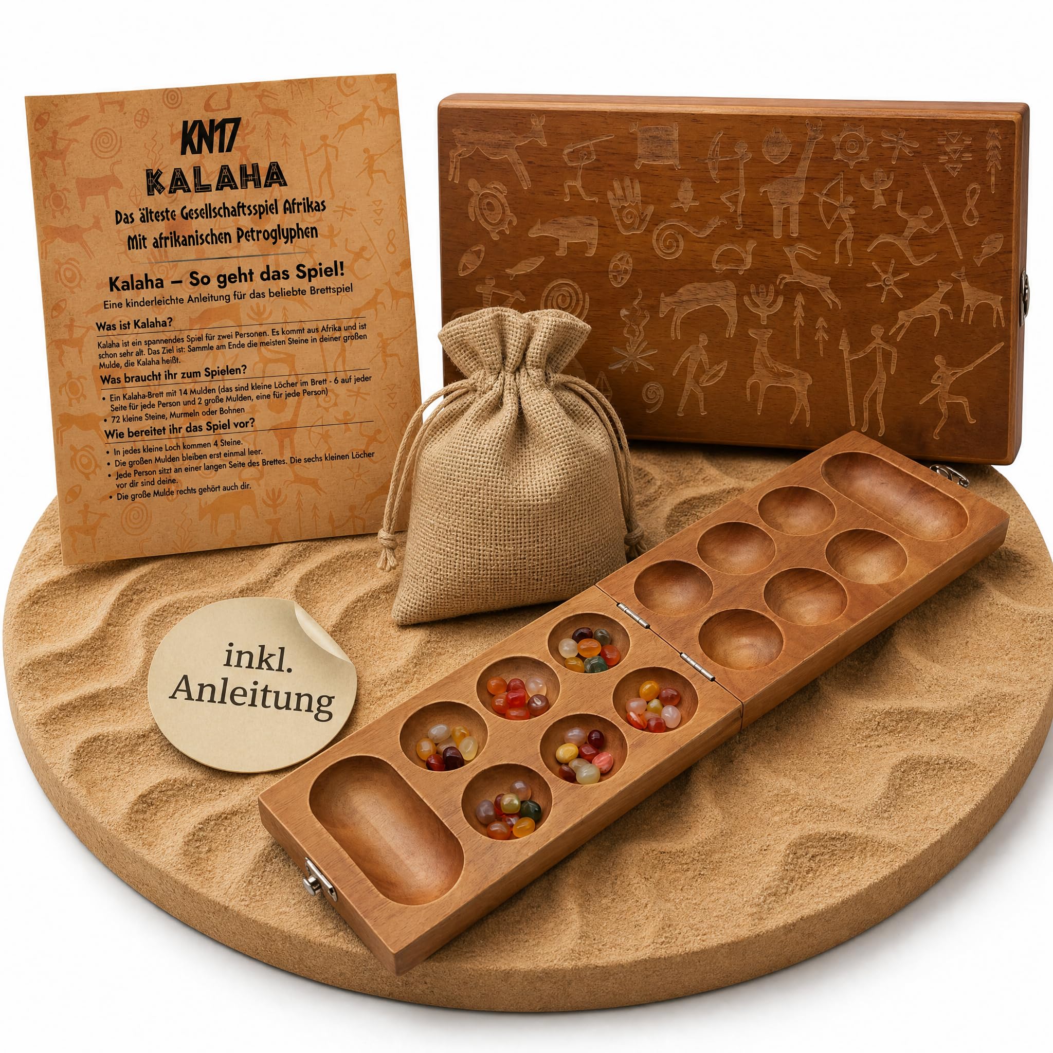Exklusives Kalaha Spiel aus Echtholz | Steinchenspiel mit kunstvollen Afrikanischen Gravuren | Edles Kalaha Strategiespiel inkl. Natursteinen | Klappbar & Dekorativ