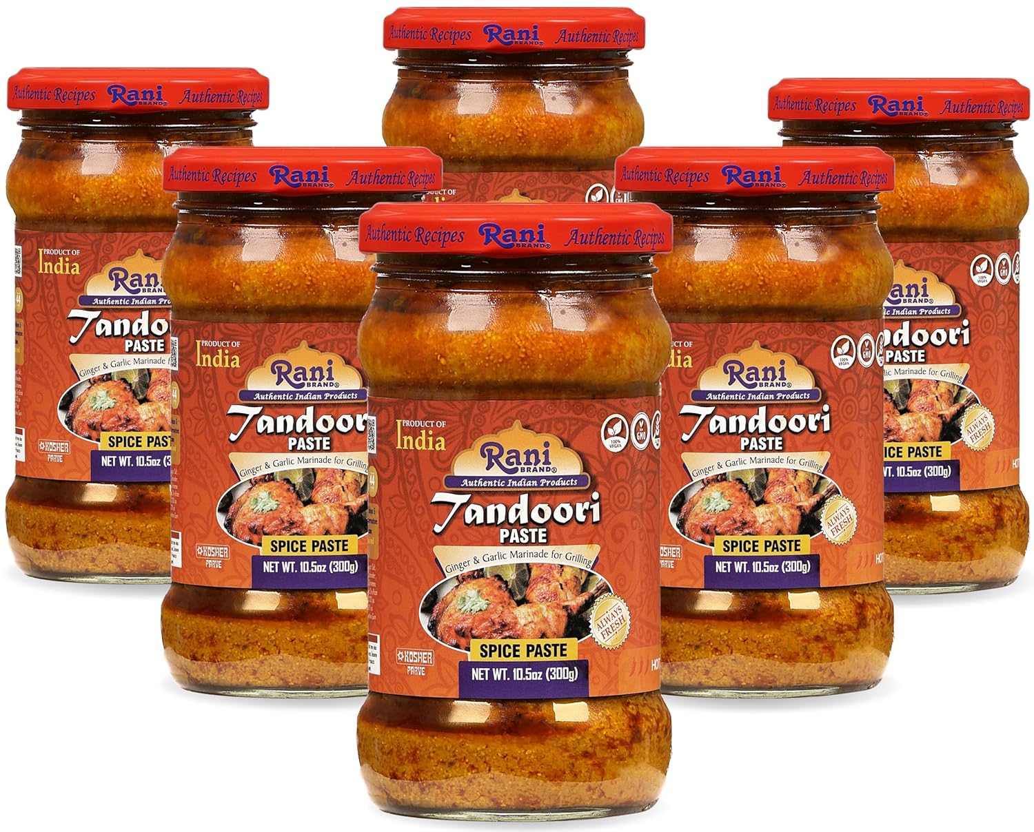 Rani Tandoori Paste (No Colors) 10.5oz (300g) Glass Jar, Pack of 5+1 FREE ~ For Tandoori Chicken, Chicken Tikka, Paneer Tikka | All Natural | NON-GMO | Kosher | Vegan | Gluten Free | Indian Origin