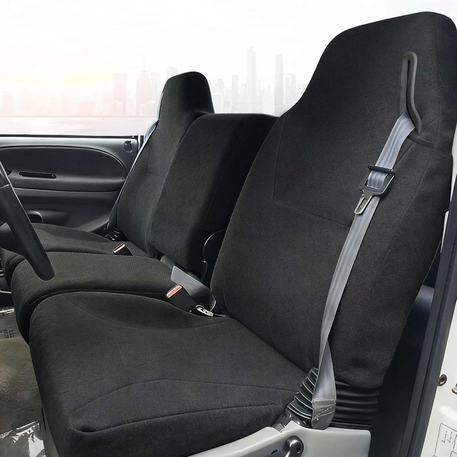 Heavy-Duty 600D Oxford Fabric Seat Covers for Dodge Ram 1500 2500 3500 Quad Cab 1998-2002 40/20/40 Split Bench Front Set with Integrated Seatbelt Access Reinforced Design - Black