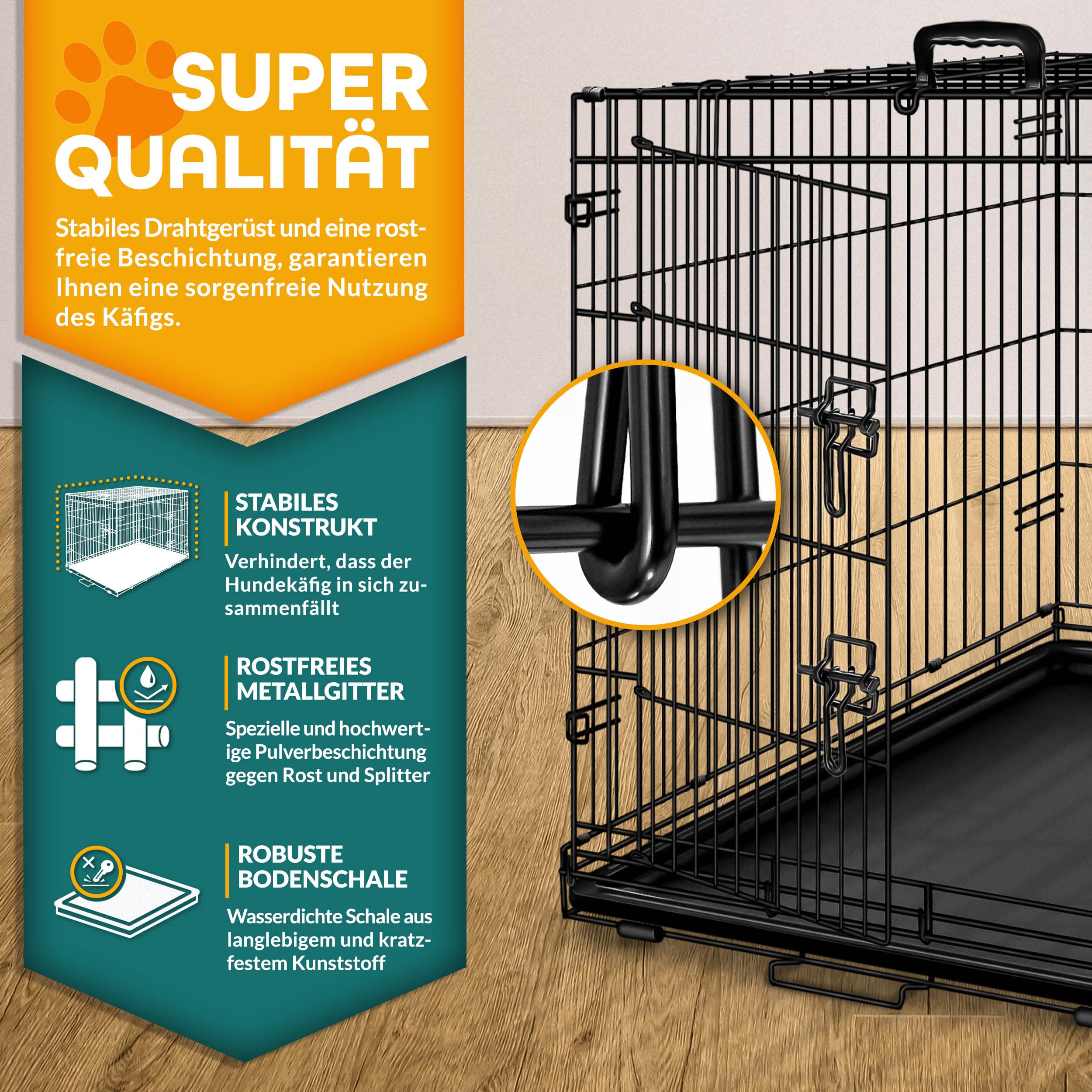 TRESKO Hundekäfig faltbar mit 2 Türen | Transportkäfig Auto | Hundebox mit Bodenschale | Transportbox Drahtkäfig (L 122 x B 74,5 x H 80,5 cm)