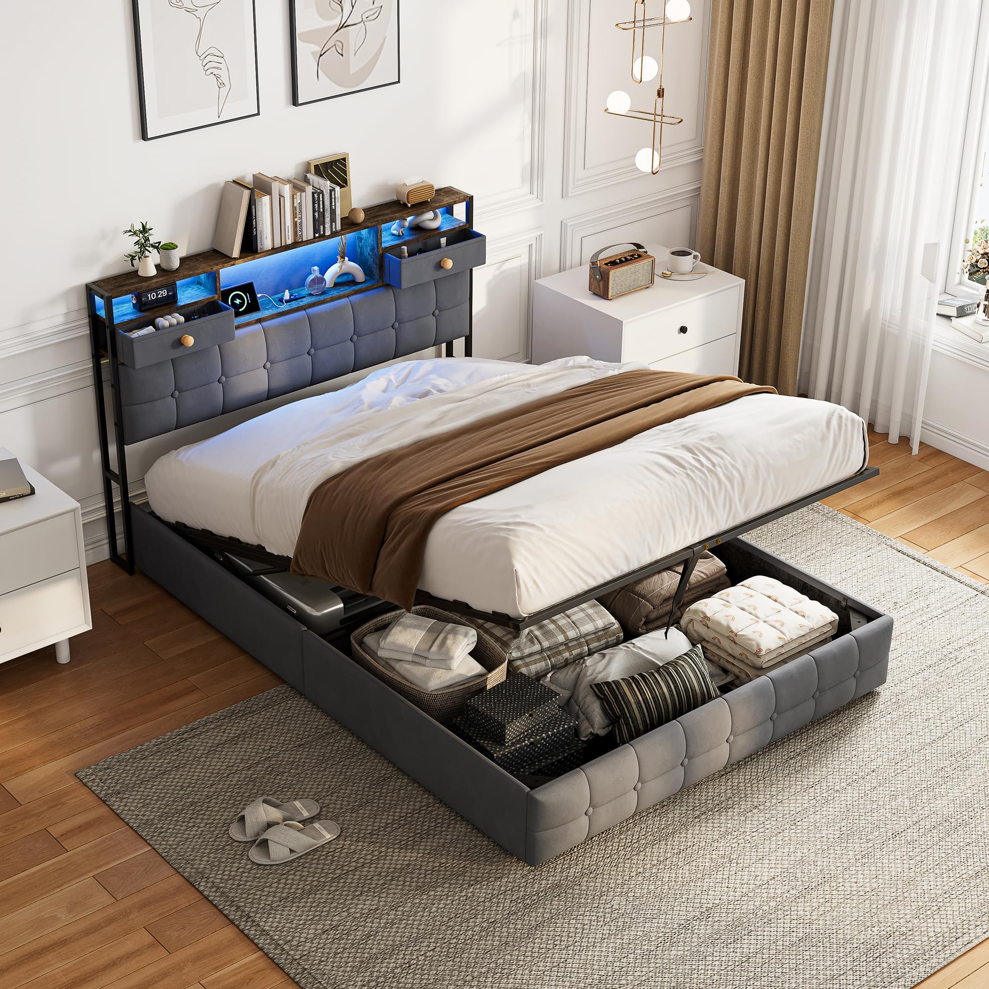 Łóżko tapicerowane, podwójne 140 x 200 cm, z miejscem do przechowywania, hydrauliczne łóżko do przechowywania, zagłówek z diodami LED i USB, rama łóżka 140 x 200 cm, ze skrzynią na pościel i