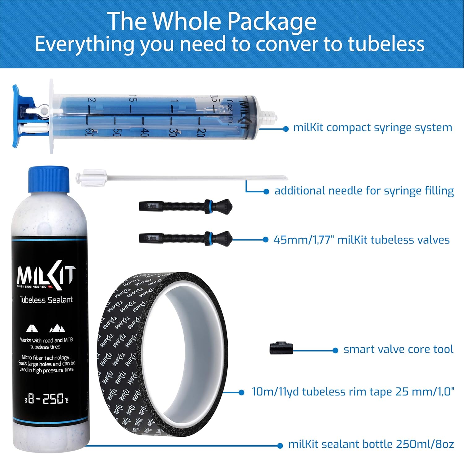 milKit Conversion Kit - Easy Tubeless Tire Conversion Without The Mess and Clogged-Up Valves - Sealant Bottle - Selant Injector - Rim Tape - Valves Pack - Presta Valve Core Removal Tool