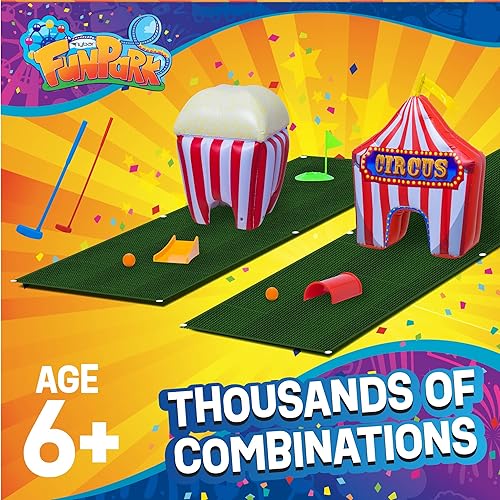 Miniatura 7 de FunPark - Juego de minigolf inflable  Campo de 13 piezas con palos ajustables, pelotas, copas de putting, tapetes verdes y obstáculos temáticos para