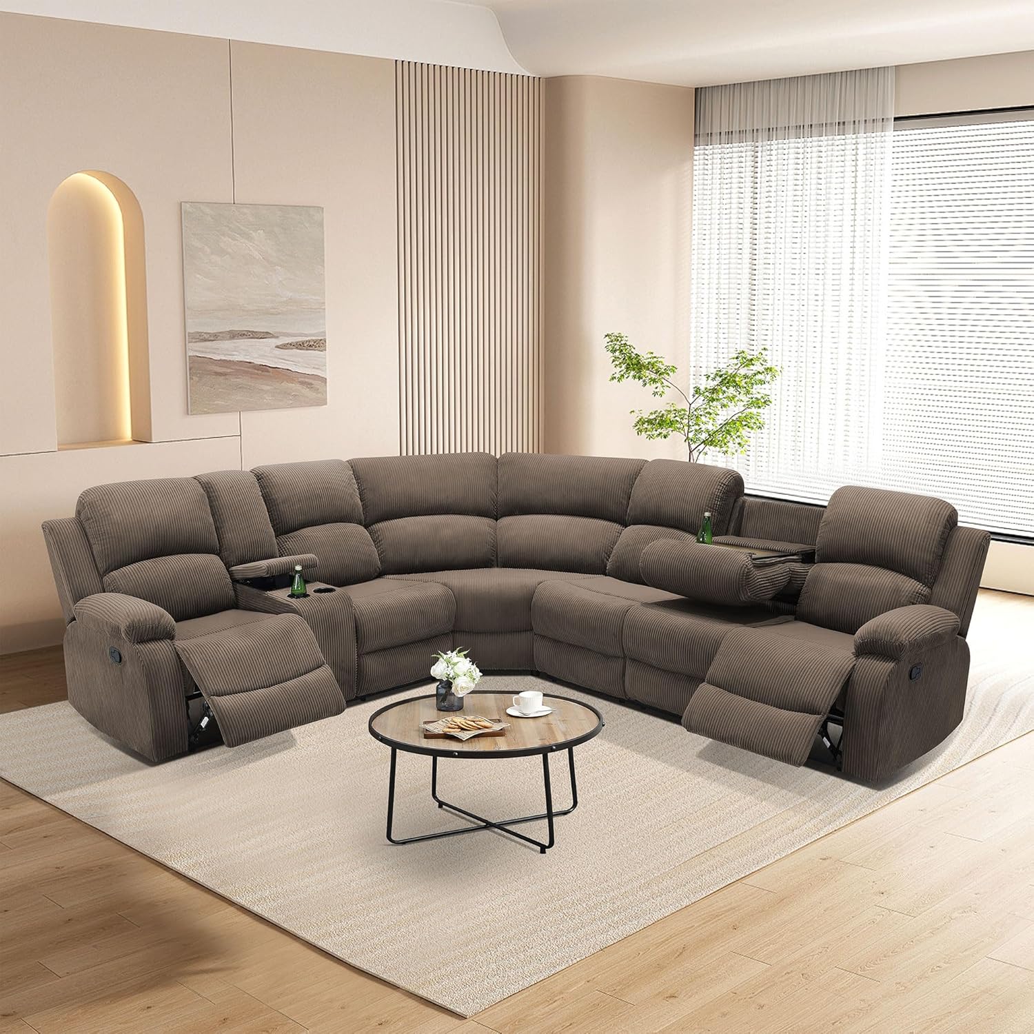 Corduroy Fabric Sectional Couch with Recliner, Manual Reclining Sectional Sofa for Living Room, 6 Seat L Shaped Couch with Flip-Down Backrest/Cup Holders/Storage (Peanut)