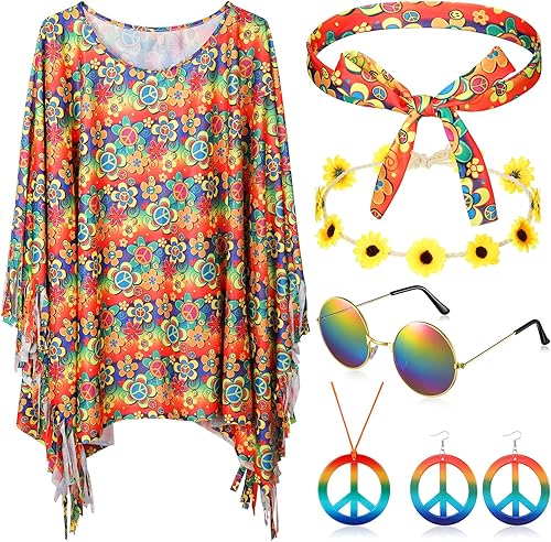 Miniatura 10 de Hicarer - Set de 6 piezas de accesorios para disfraz hippie para mujer y niña; incluye diadema, poncho, collar, aretes, lentes de sol