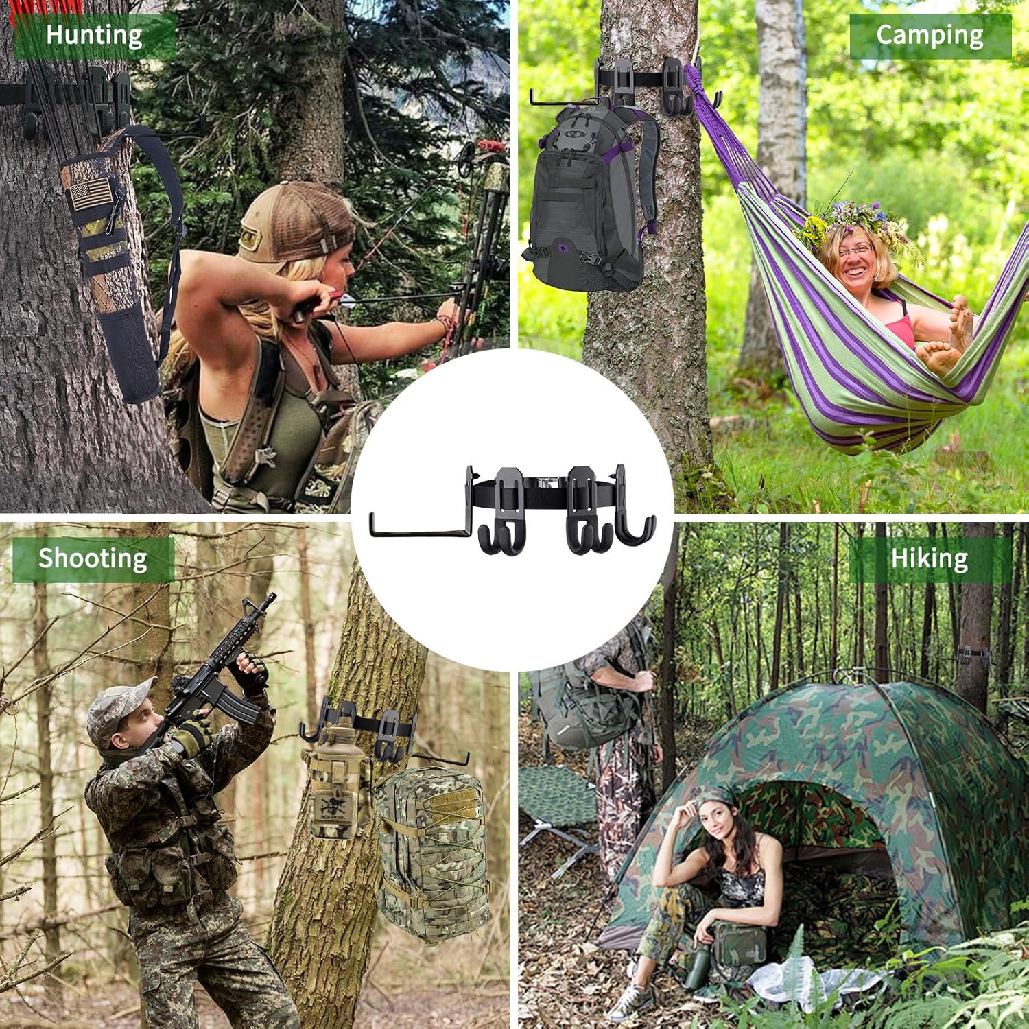 Treestand Strap Gear Hangers Comes with 3 Metal Gear Hooks and 1 Bow Hanger, for Tree Stand Platform Hunting Gears