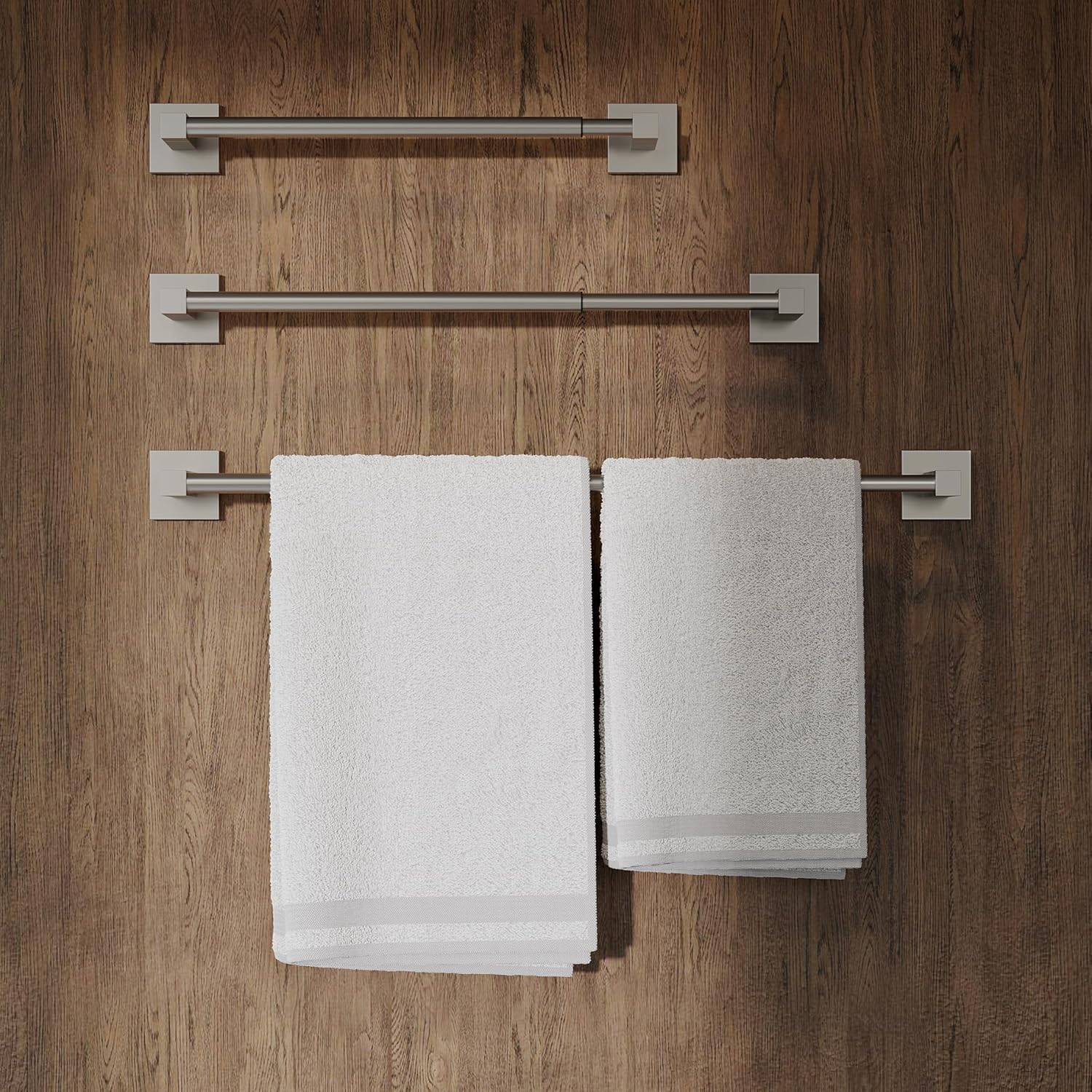 RUACQ Towel Hooks, Adjustable Towel Bar, 9-inch Hand Towel Ring, 4pcs Bathroom Hardware Set Square Base (Brushed Nickel)