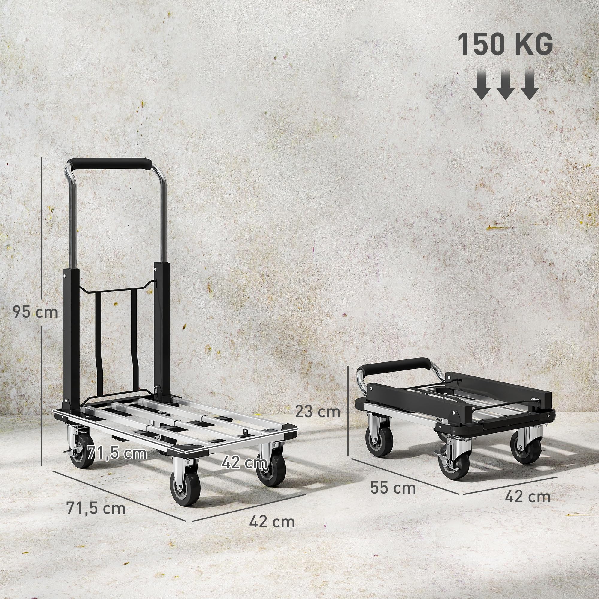 HOMCOM Wózek platformowy, składany, 150 kg, z hamulcem postojowym, kółka skrętne, kolor srebrny | Wózek transportowy, wózek ręczny, wysuwana platforma, regulowany uchwyt, pomoc transportowa, wózek paczkowy
