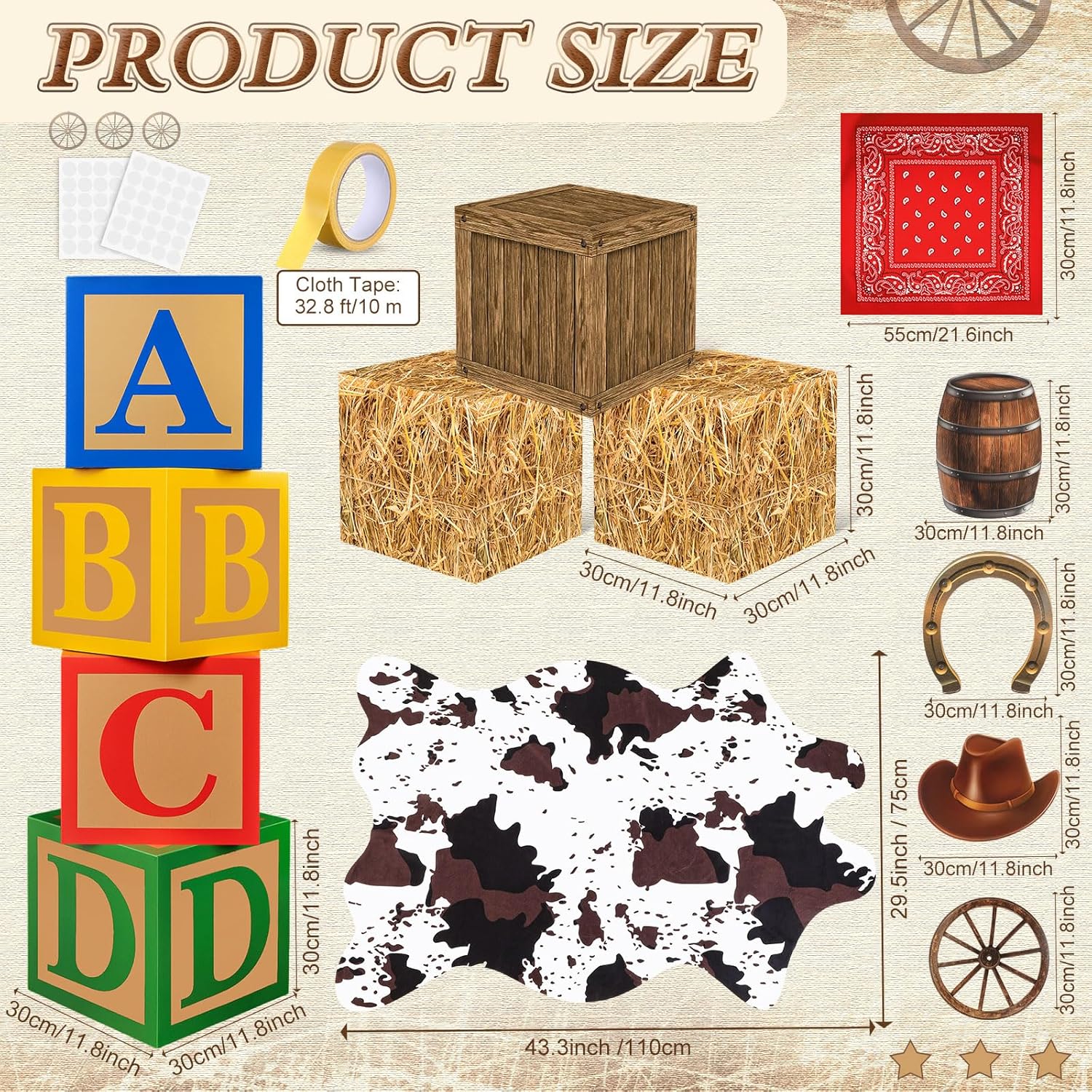 13 Pcs Western Cowboy Birthday Party Supplies Western Wooden Hay Bales Boxes Cowhide Rug Wine Barrel for Toy Inspired Themed Birthday Wild West Party Decor