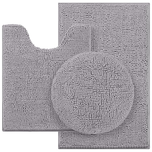 HOMEIDEAS Grey Bathroom Rugs Sets 3 Piece, Chenille Bath Rugs