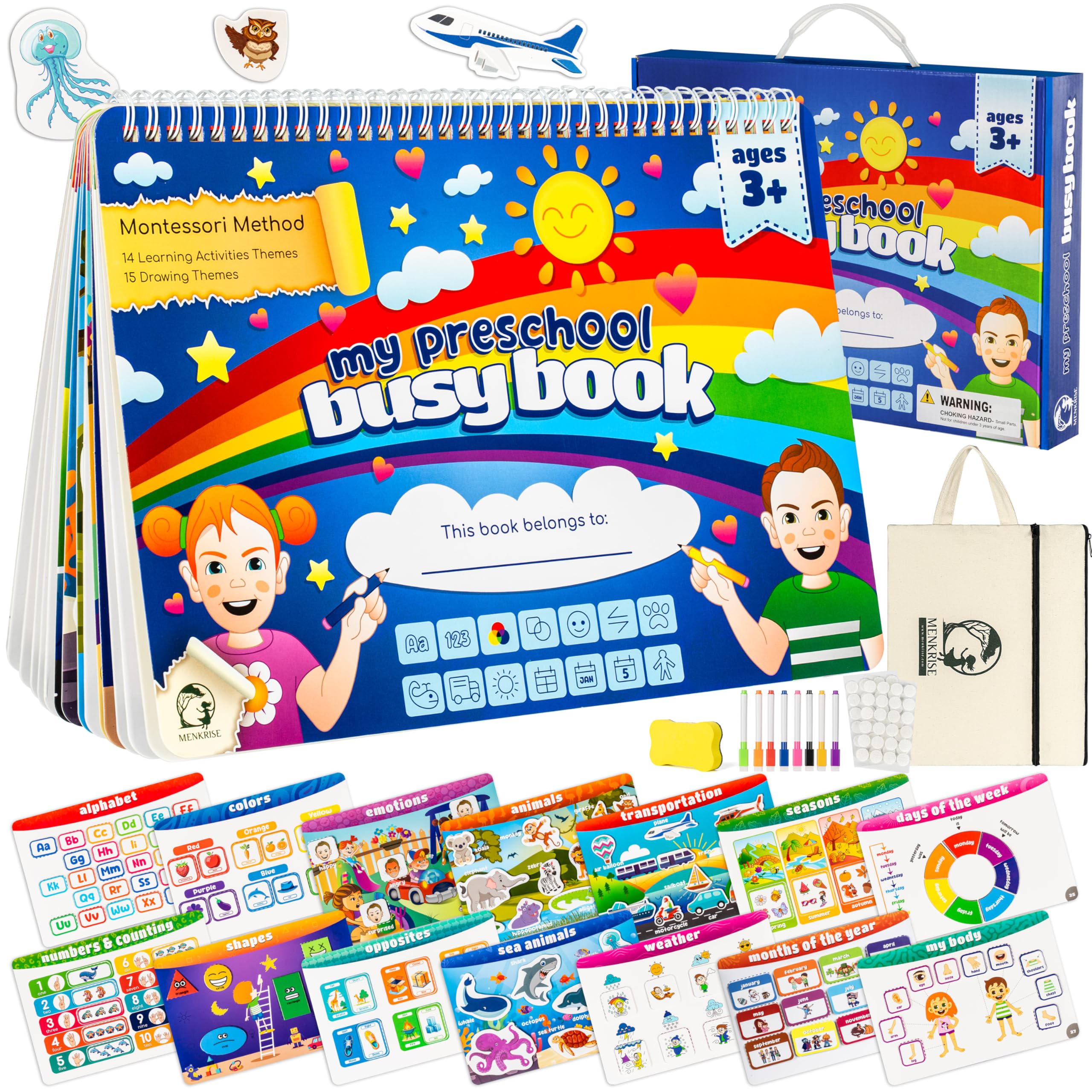 MENKRISE Montessori Busy Book for Toddlers 3–5 | Preschool Learning Activities | Educational Toddler Book with 14 Themes, 15 Drawing Pages & Guided Stickers | Fine Motor Skills Toy & Travel Activity