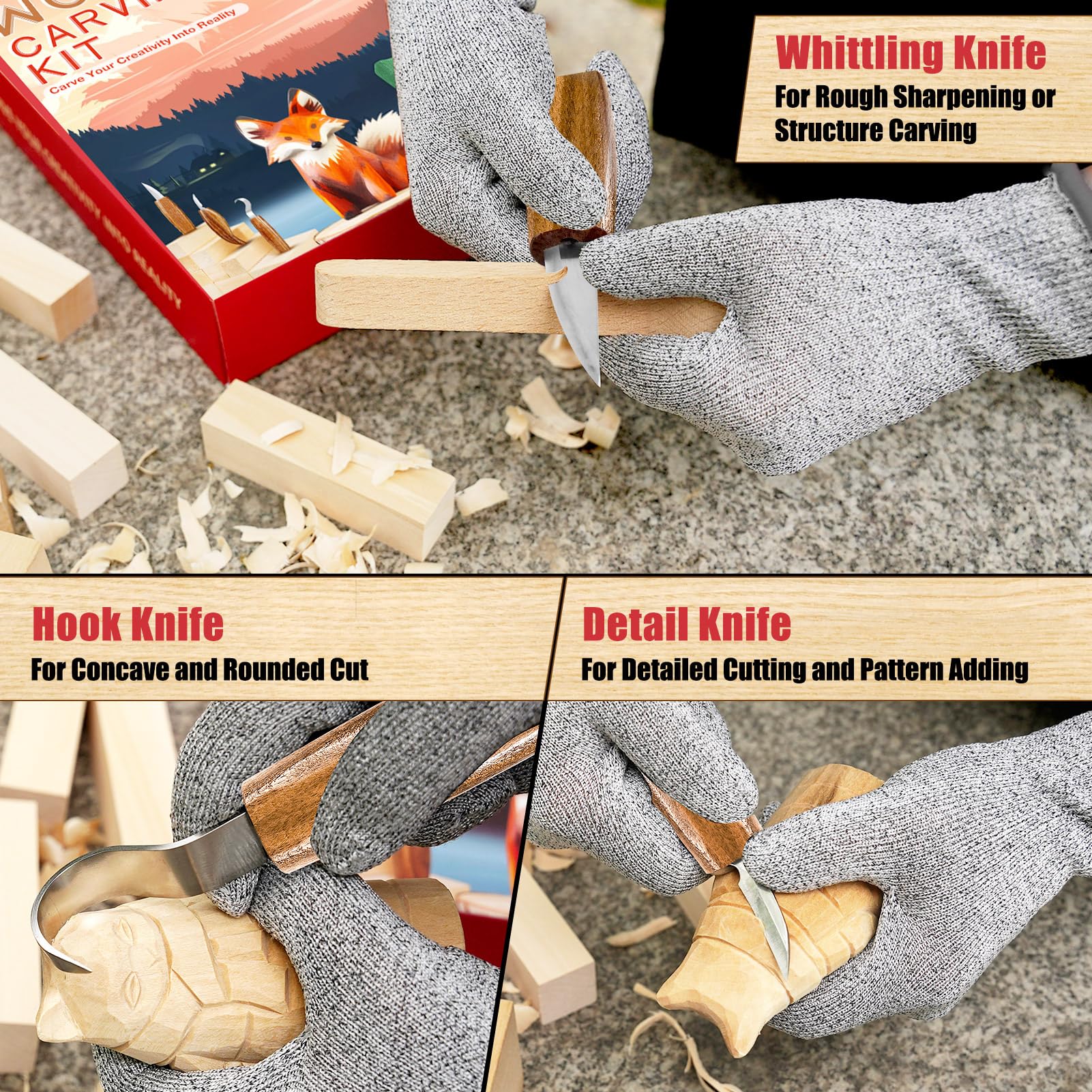 Wood Carving Kit, Whittling Kit for Beginners 17PCS Wood Carving Tools with 3PCS Whittling Knife 9PCS Basswood Blocks & Gloves & Strop Block & Polishing Compound Wood Carving Set Hobbies for Adults