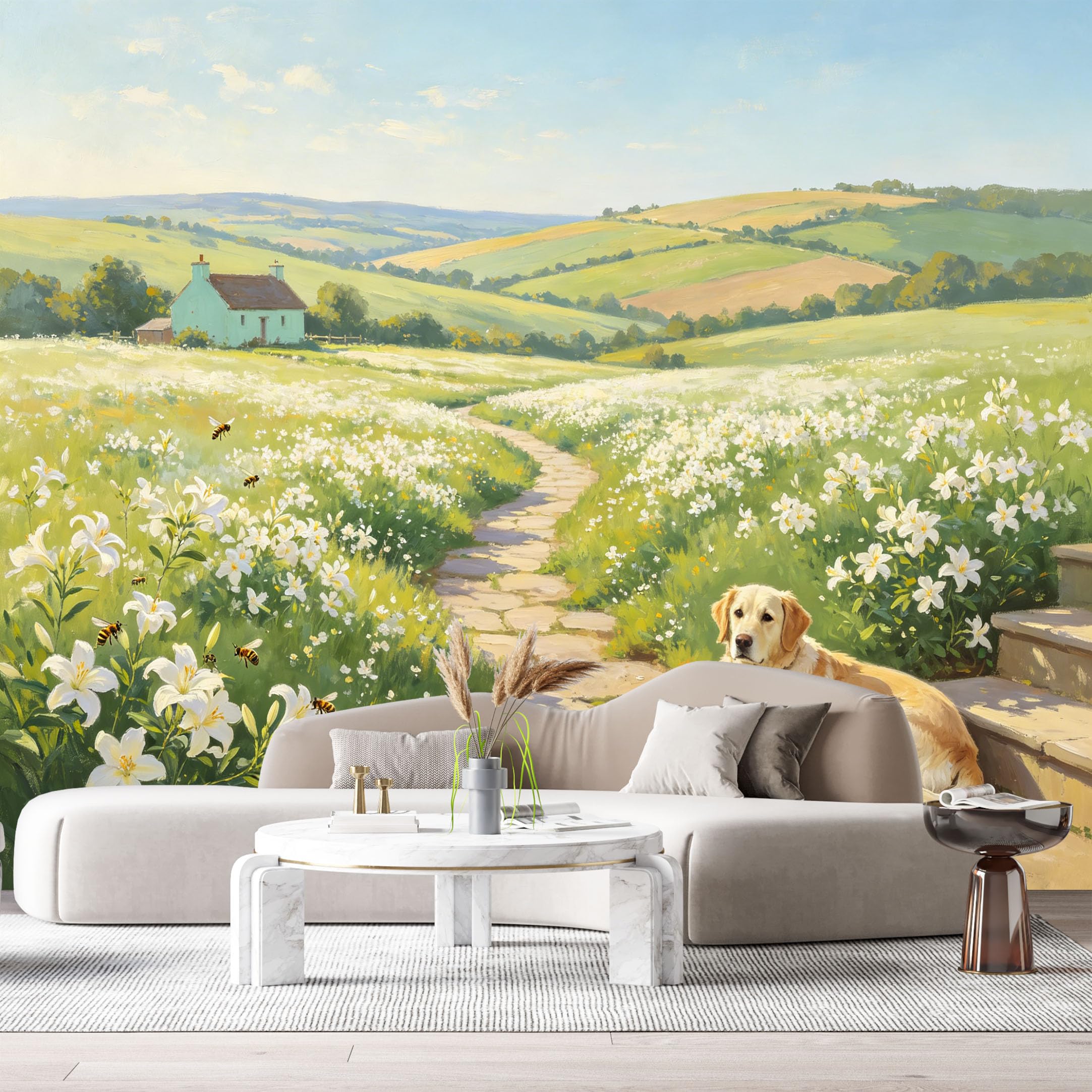 Custom Size Wall Murals Farmhouse American Country Oil Painting White Lily Flowers Stone Path Scenic View SelfAdhesive Wall Fabric Removable Large Wallpaper for Living Room