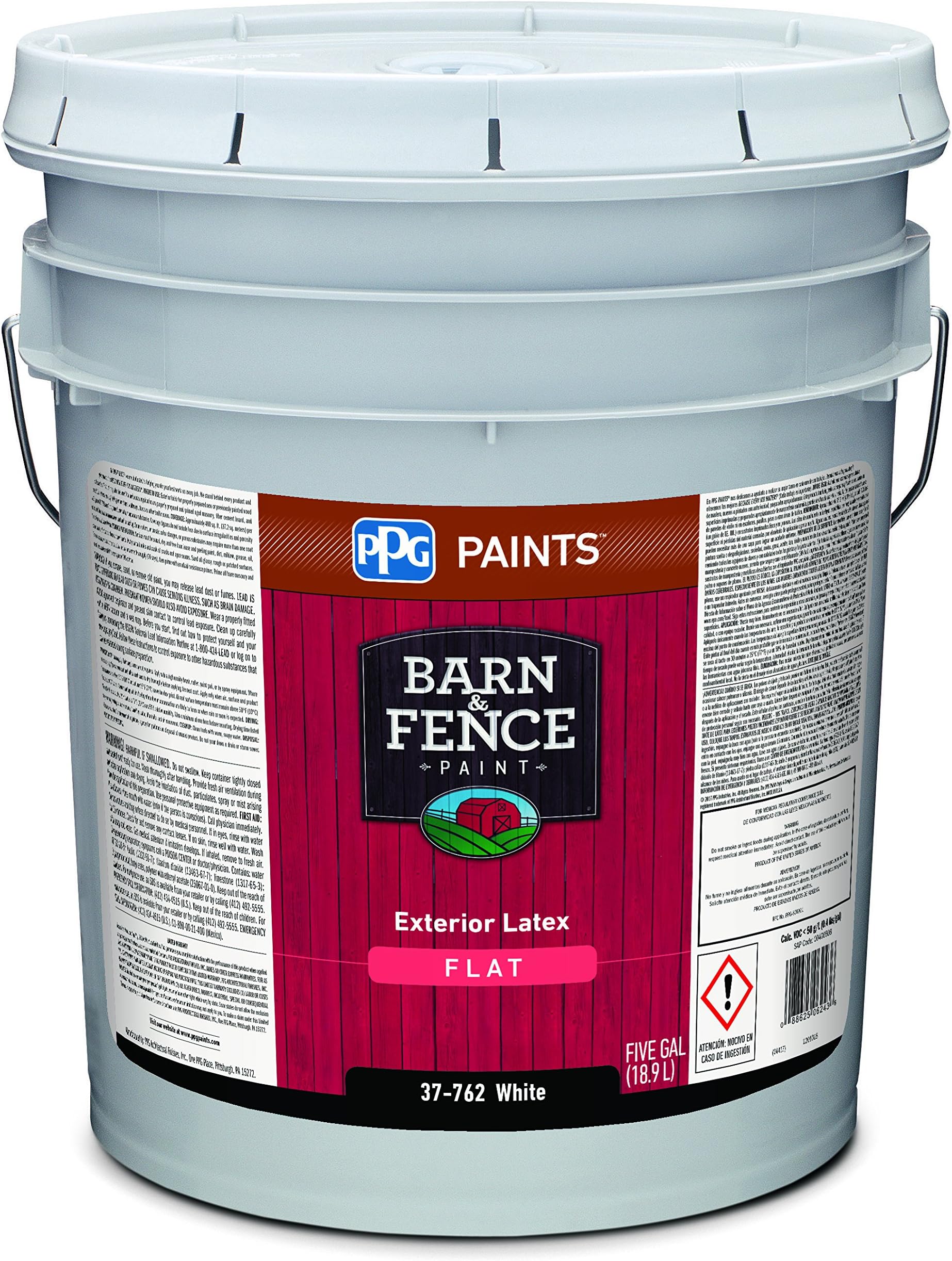 37-762/05 Latex Paint, Flat, 5 gal, Barn and Fence, Exterior Paint for Barn and Fence, White