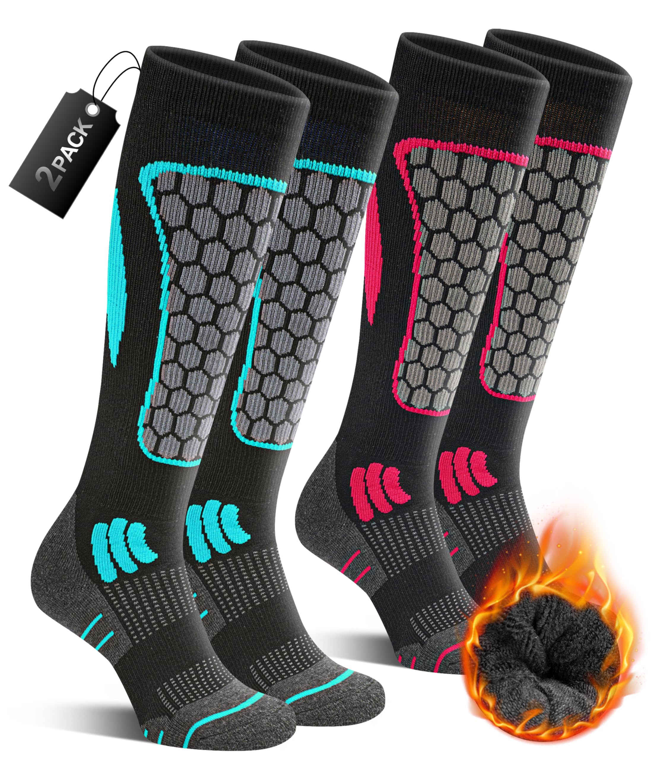 2 Paar Merino Wandersocken Herren Damen, 60% Wollsocken Gepolstert, Thermo Trekkingsocken Winter Warme Socken für Outdoor Sport