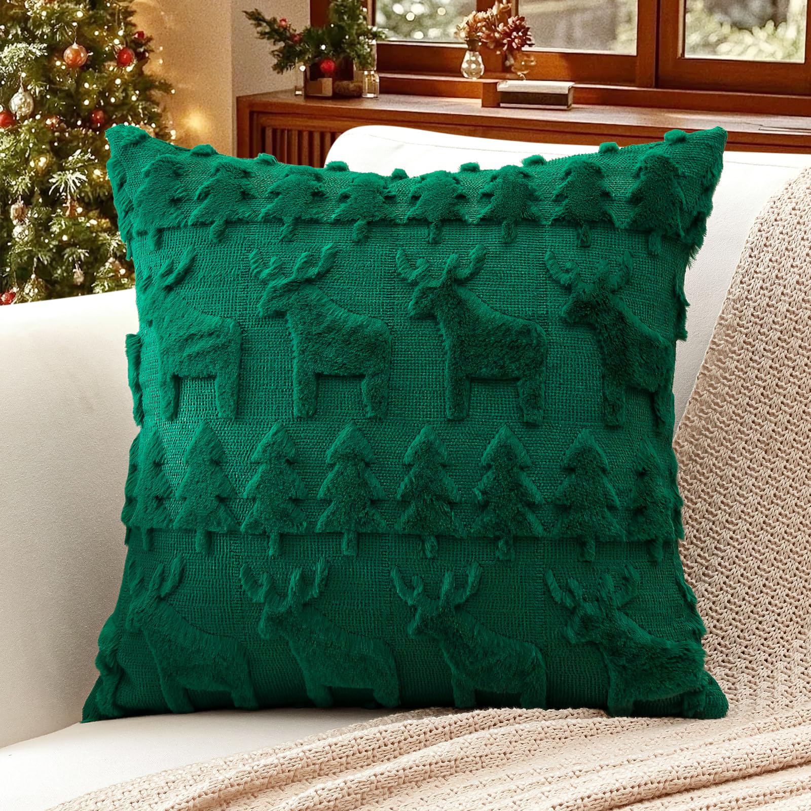 Artscope Set of 1 Xmas Soft Plush Short Wool Velvet Decorative Cushion Covers 55x55cm Square Luxury Style Throw Pillow Covers Pillow Shell for Sofa Bedroom Christmas Tree and Elk Green — image 1