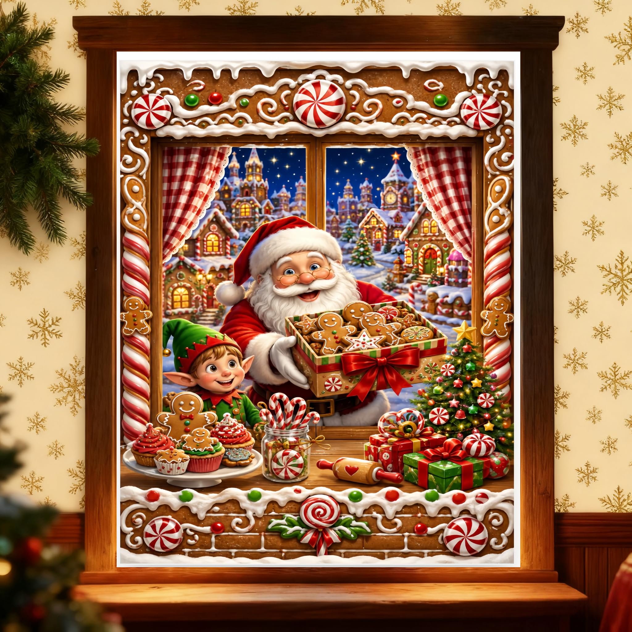 Christmas Window Banner with Santa Claus and Reindeer – Merry Christmas Backdrop for Window Decor, Holiday Photo Booth, Wall Hanging Sign for Xmas & New Year Party (B) — image 1