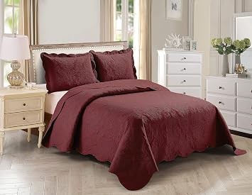 Home Collection 3pc Full/Queen Over Size Elegant Embossed Bedspread Set Light Weight Solid Burgundy New# Stacy