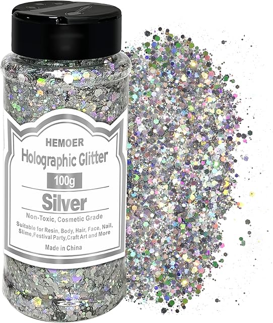 HEMOER Holographic Chunky Glitter, 100g Silver Chunky Sequins Glitter, Cosmetic Craft Glitters for Resin, Face, Nail, Body, Crafts, Slime Festival Party Art and More-3.52oz/Bottle