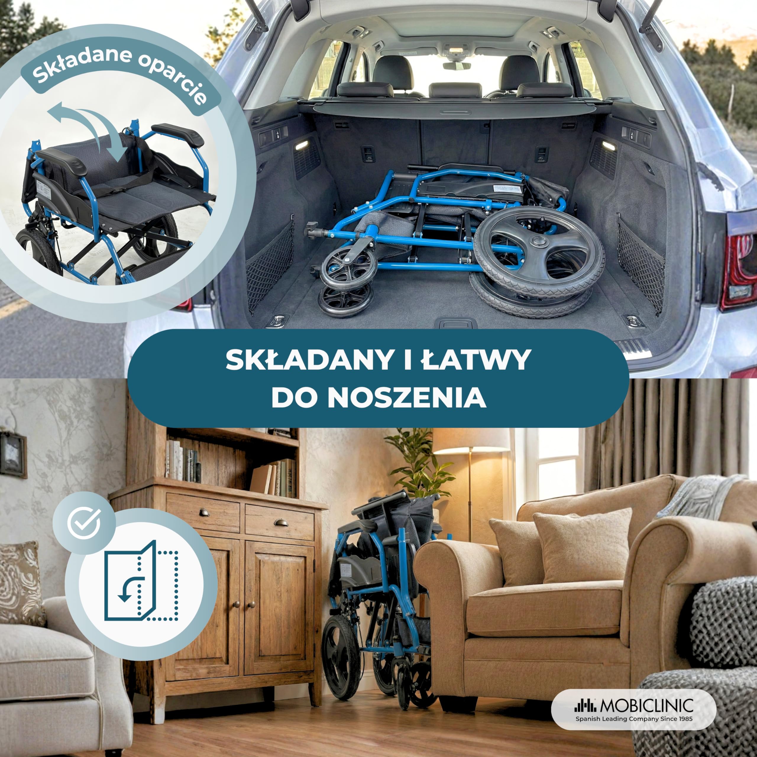 Mobiclinic®, Składany Wózek Inwalidzki, Wózek Inwalidzki Transit, Składane Oparcie, Składane Podnóżki, Podwójny System Hamowania, Wzmocniona Stal, do 100 kg, Lekki i Kompaktowy, Faraón