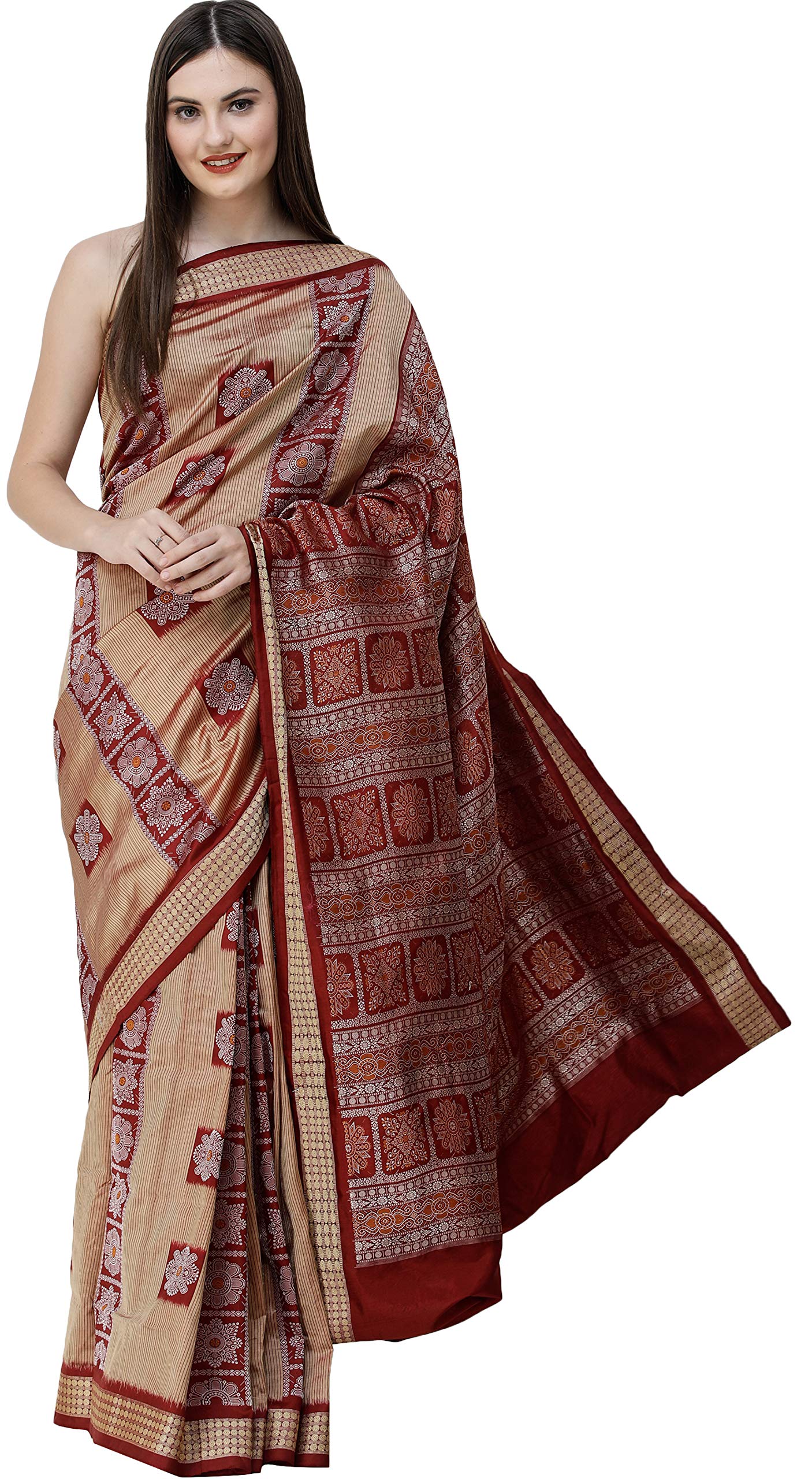 Lark Bomkai Handloom Sari from Orissa with Woven Strips and - Beige