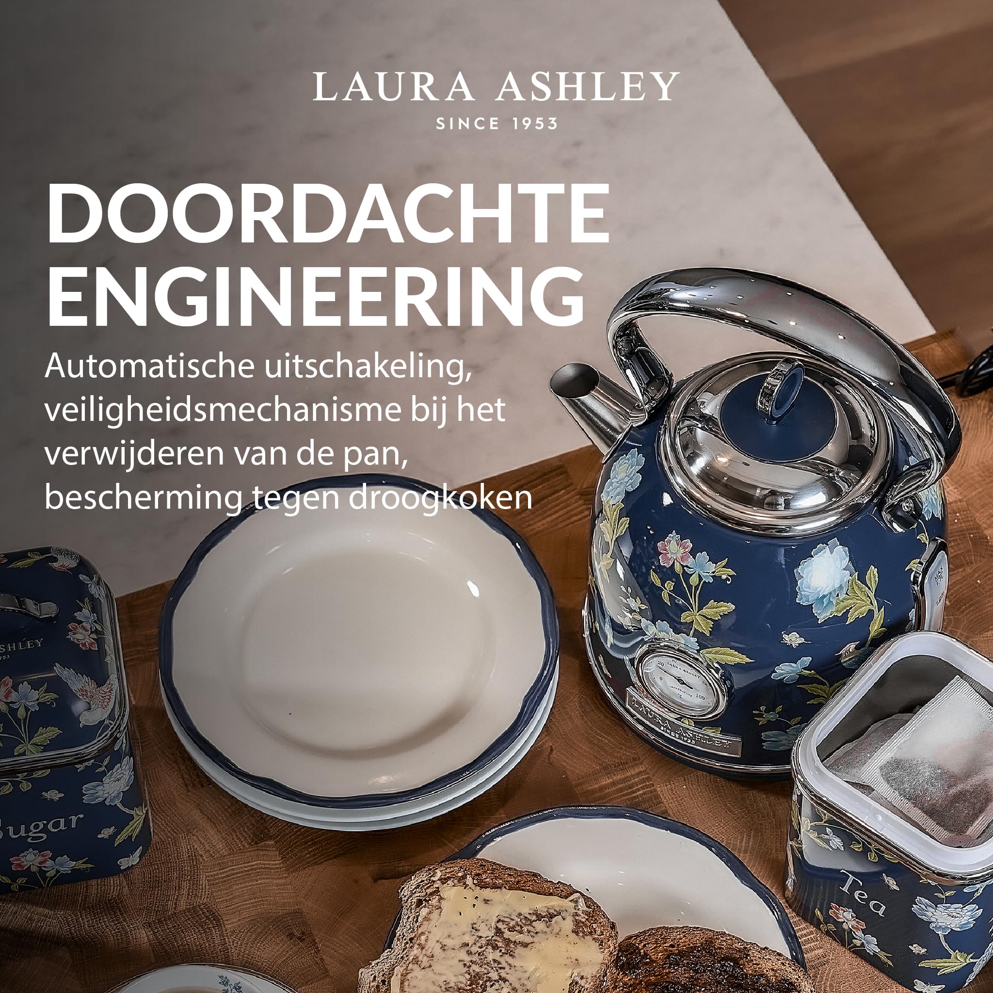 VQ Laura Ashley Bezprzewodowy Elektryczny Czajnik Elveden Navy - Pojemność 1,7 Litra, 2,2 kW Szybkie Gotować, Ochrona Przed Przegrzaniem i Wskaźnikiem Temperatury Vintage Czajnik