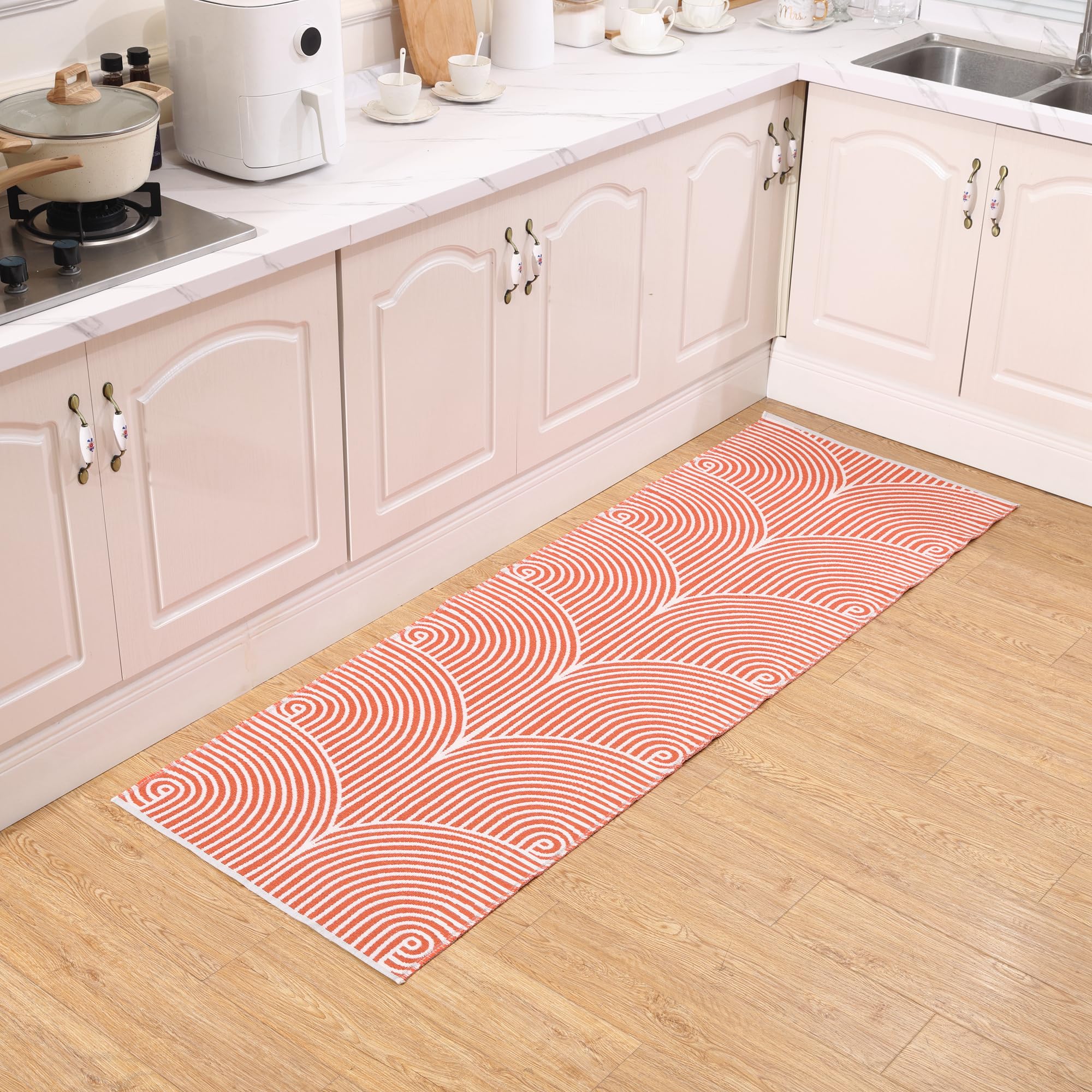 Photo 1 of Runner Rug Machine Washable Cotton Woven Hallway Runner Rug Boho Soft Area Rug Orange&White 2'x6' 1 Orange 2'x6'
