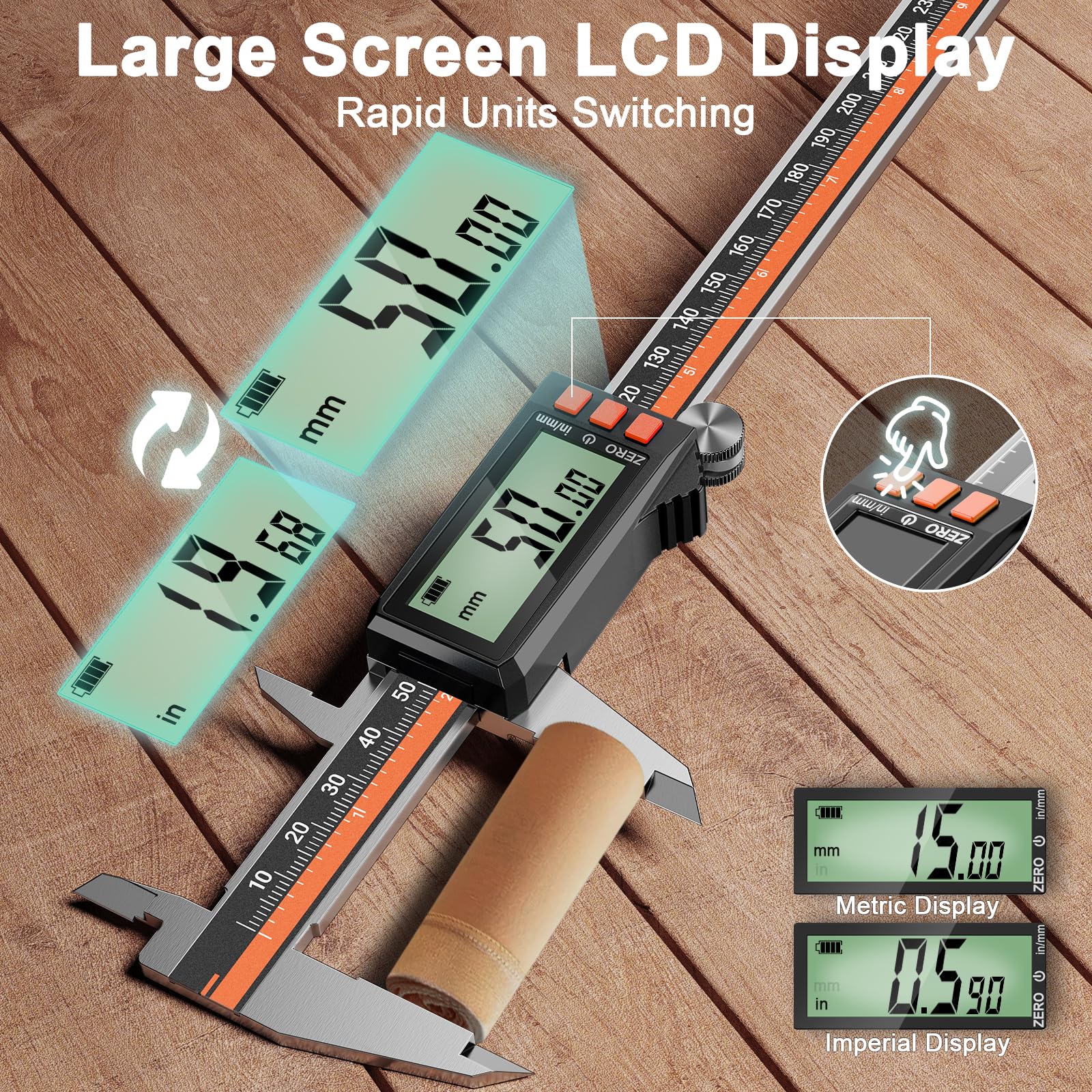 Preciva Calibre Digital 300mm Recargable USB-C, Pie de Rey Electrónico de Acero Inoxidable con Pantalla LCD, Medición 0-12" / 0-300 mm Alta Precisión para Interior, Exterior y Profundidad