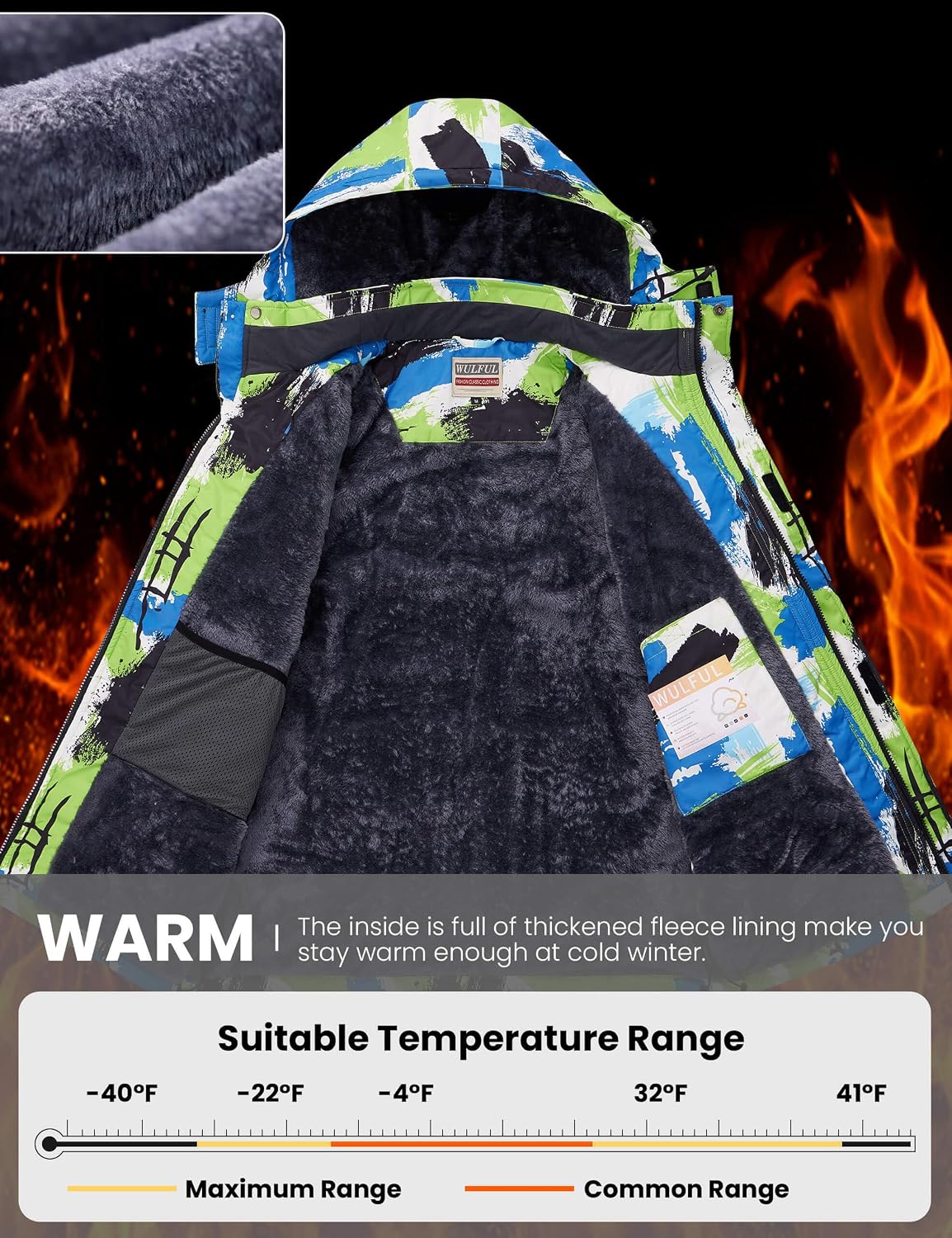 WULFUL Men's Waterproof Ski Jacket Warm Winter Coats Windproof Winter Jackets for Men Fleece Lined Windbreaker with Hood