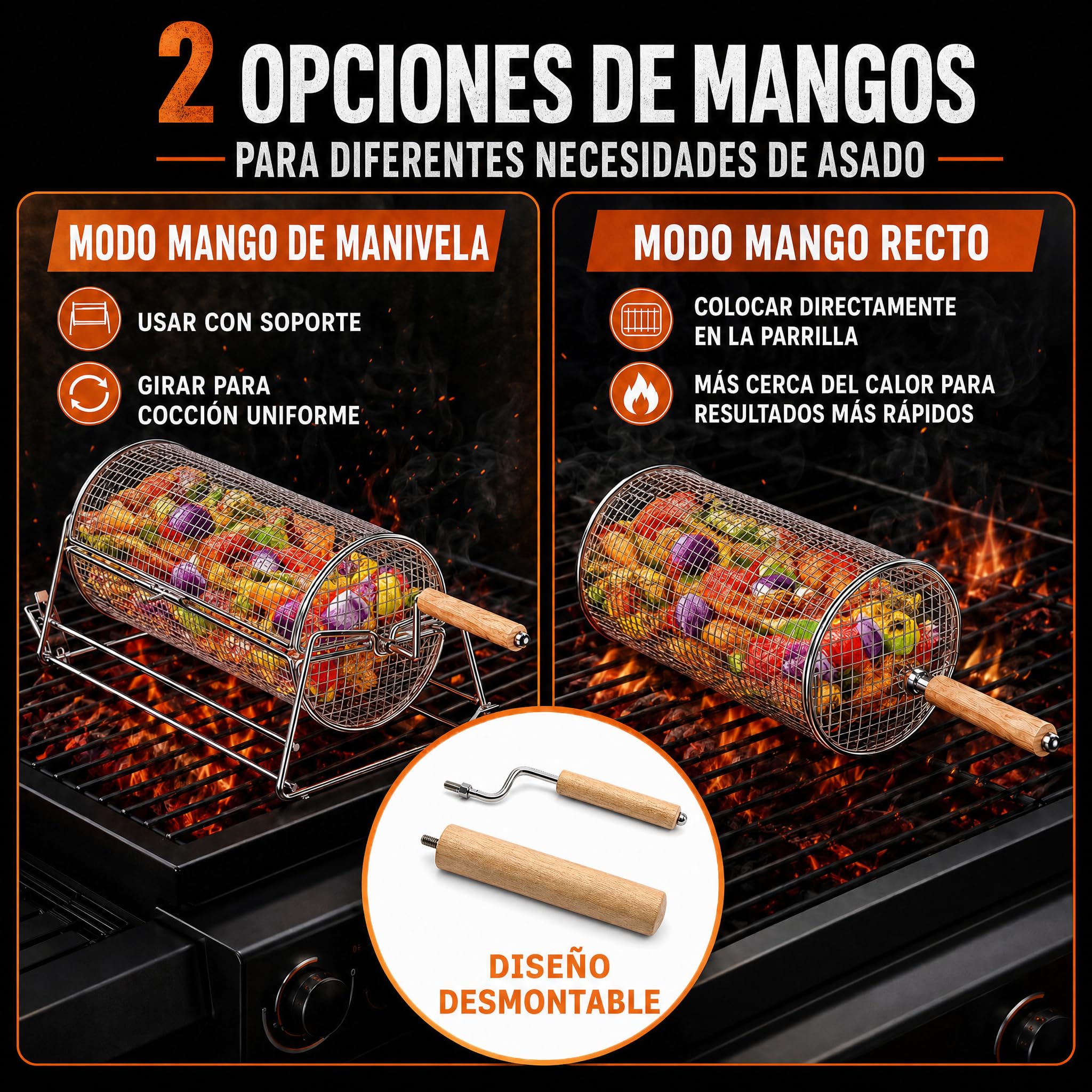 2-en-1 Cesta de Parrilla Rodadiza Rotativa, Acero Inoxidable 304 con Dobles Mangos de Manivela y Recto, Accesorios Barbacoa para Verduras Camarones, Regalo Idea Hombre Papá Esposo Cumpleaños