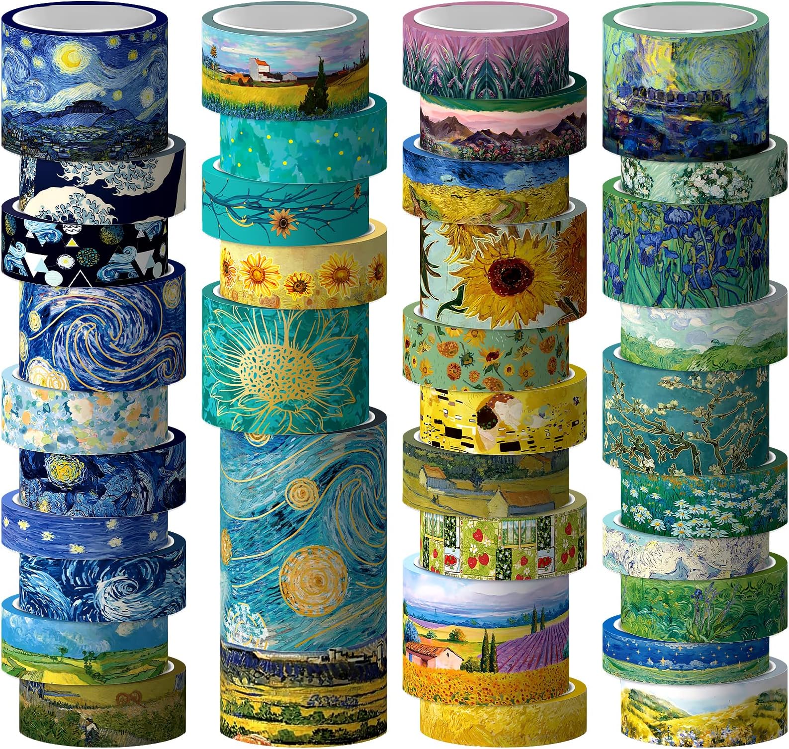 Geesinimo Washi Tape Set, 36 Rolls Van Gogh Vintage Gold Washy Tape, Wide Decorative Tape for Journaling, Scrapbooking Supplies,Vision Board Supplies, 6 Sizes Craft Watercolor Tape