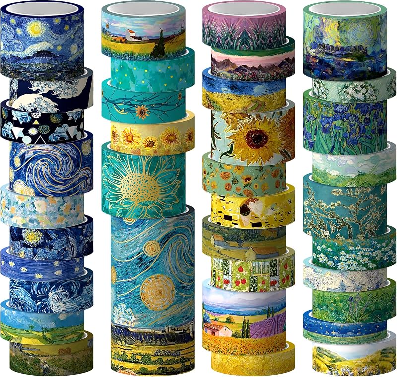 Geesinimo Juego de cintas Washi, 36 rollos de cinta adhesiva dorada vintage Van Gogh, cinta decorativa ancha para diario, suministros de álbumes de recortes, suministros para tableros de visión, 6 tamaños de cinta de acuarela artesanal