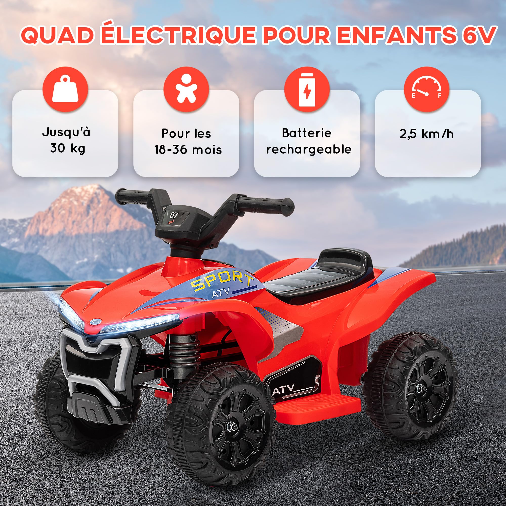 AIYAPLAY Quad Électrique Enfant, 6V 2,5 km/h, Phares, 18-36 Mois, Rouge | Voiture Électrique Enfants, Marche Avant et Arrière, Fonction Musicale