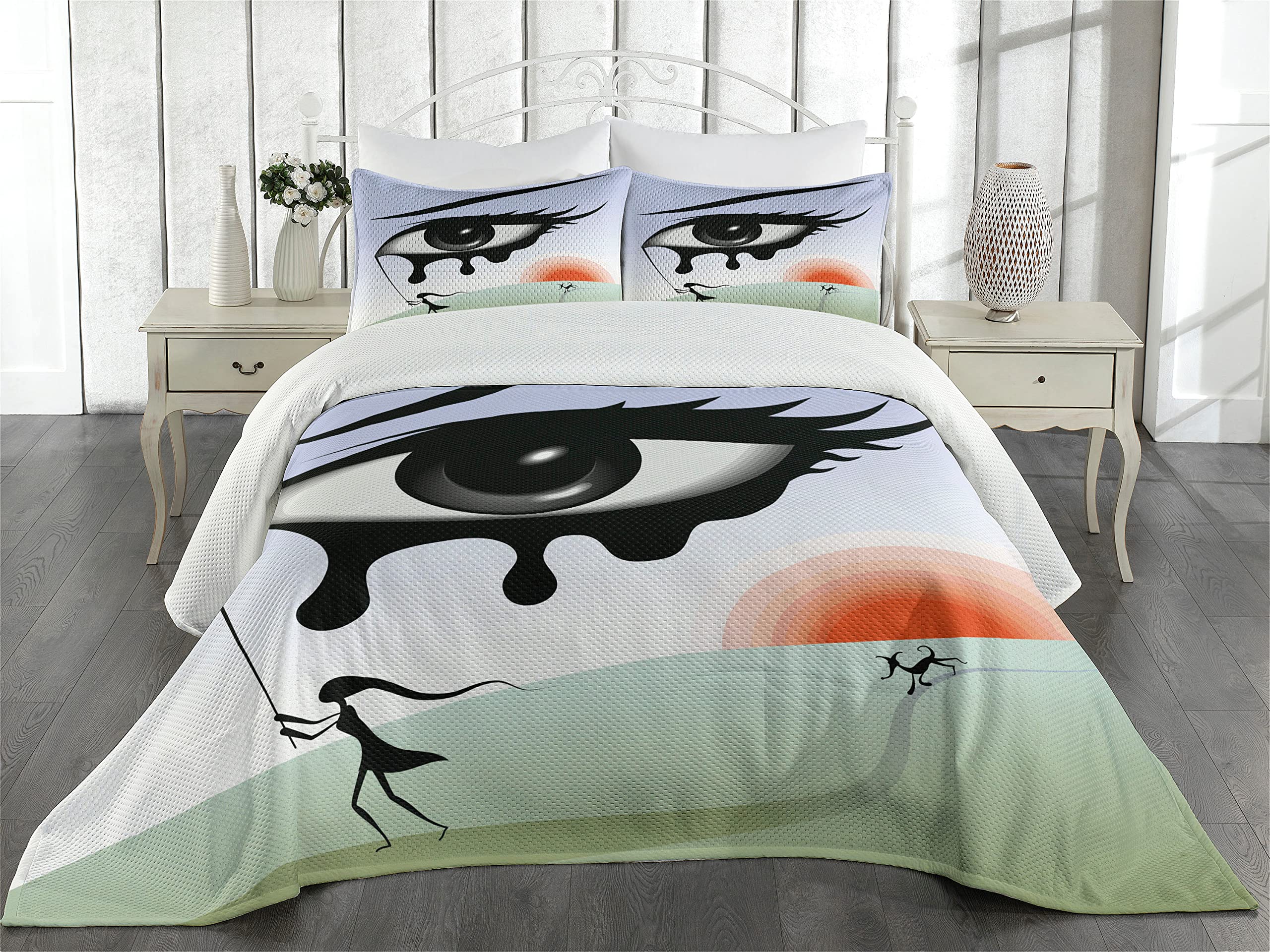 Ambesonne Eye Coverlet, Surreal Avant Garde Art Composition Girl Runs with Eye Stick Tears Sunset Dog Image, 3 Piece Decorative Quilted Bedspread Set with 2 Pillow Shams, Queen Size, Black Lilac