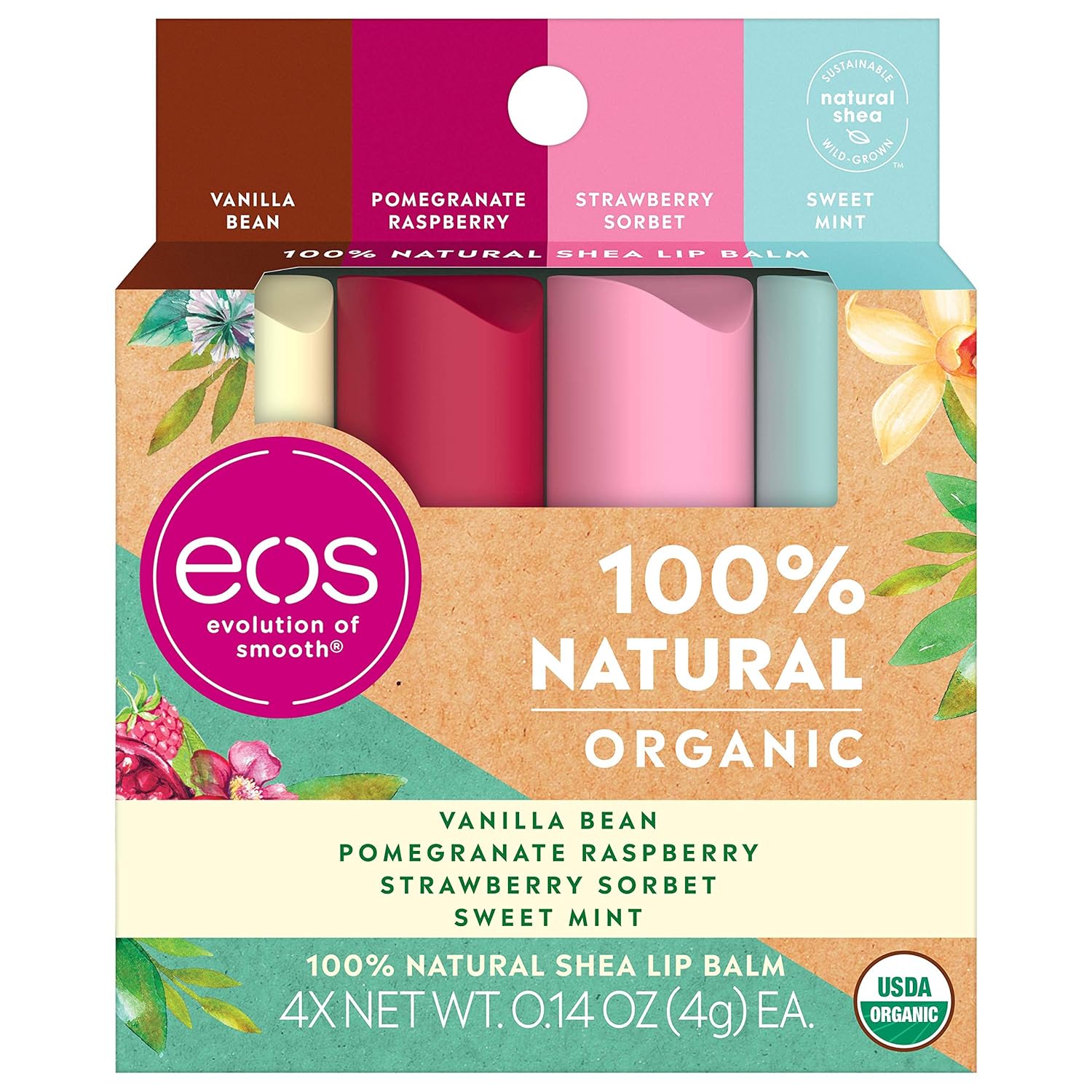 eos USDA Organic Lip Balm - Variety Pack Lip Care to Nourish Dry Lips 100% Natural and Gluten Free Long Lasting Hydration 0.14 oz 4 Pack