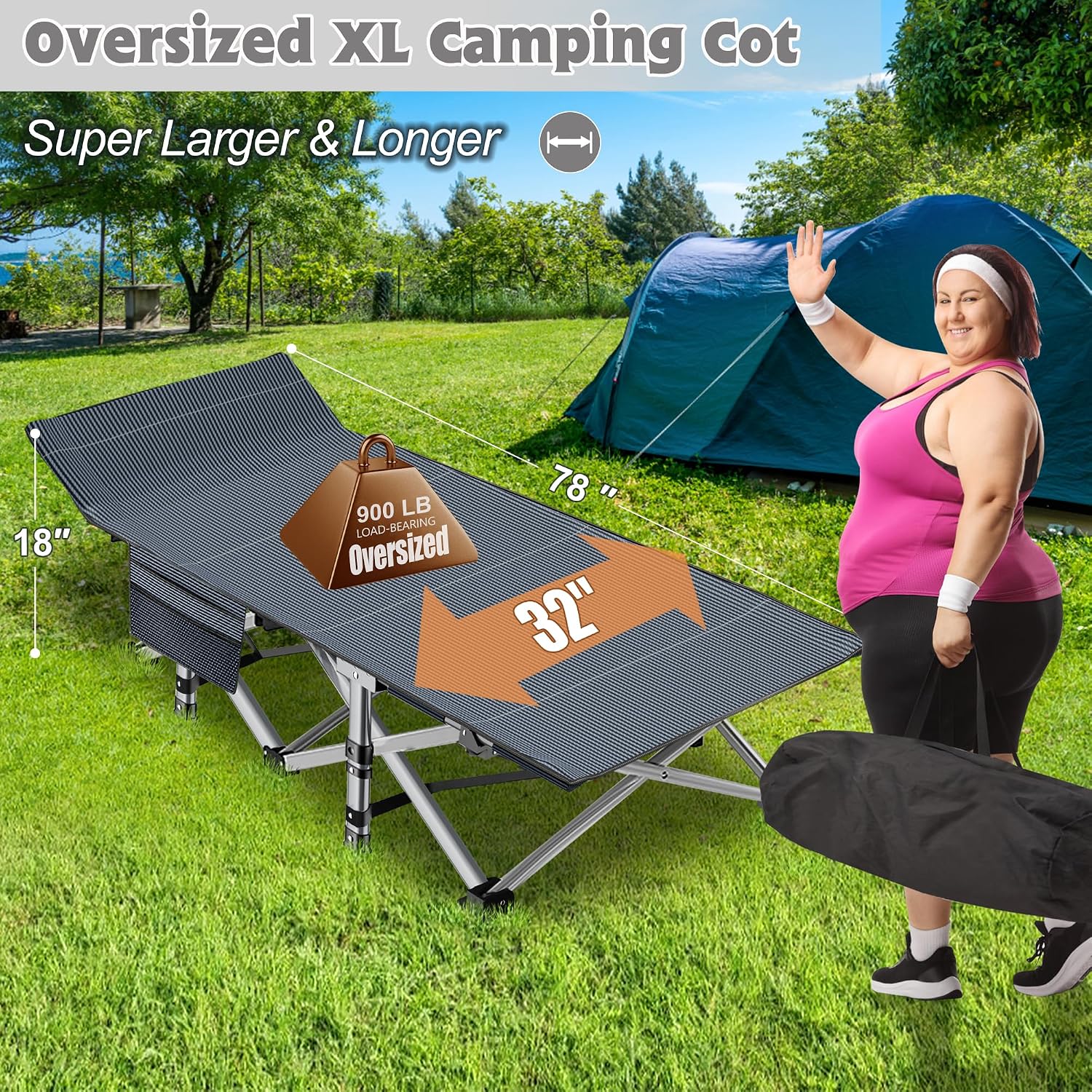 ABORON Oversized XXL Folding Camping Cot W/Mat for Adults, 78" L x 32" W x 18" H, Heavy Duty Outdoor Bed with Carry Bag,1200 D Layer Oxford Travel Camp Cots