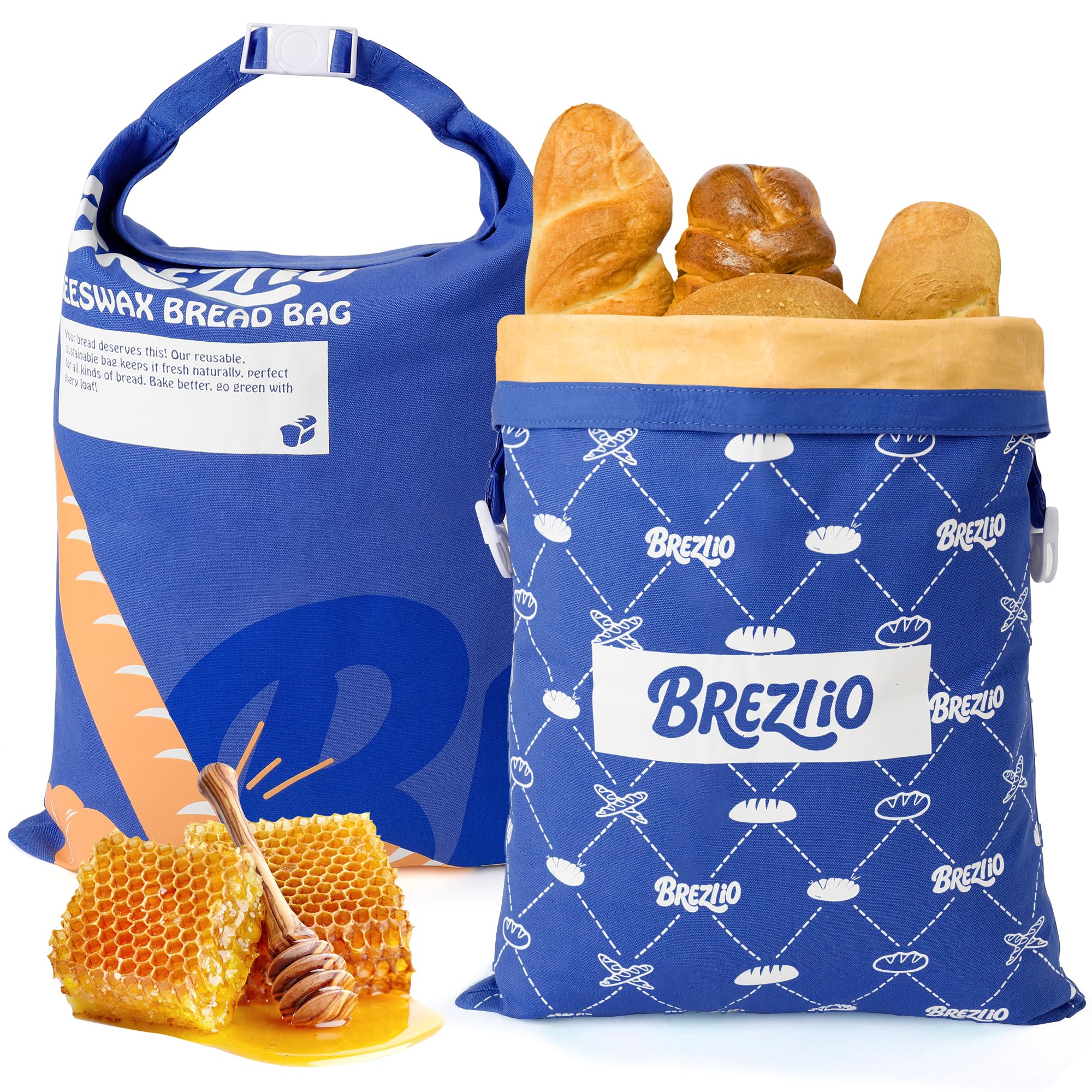 Sacchetti per il pane di cera d'api 2 pezzi – sacchetti di cotone riutilizzabili 32 × 43 cm extra grandi – per mantenere il pane e i prodotti da forno (blu + giallo)