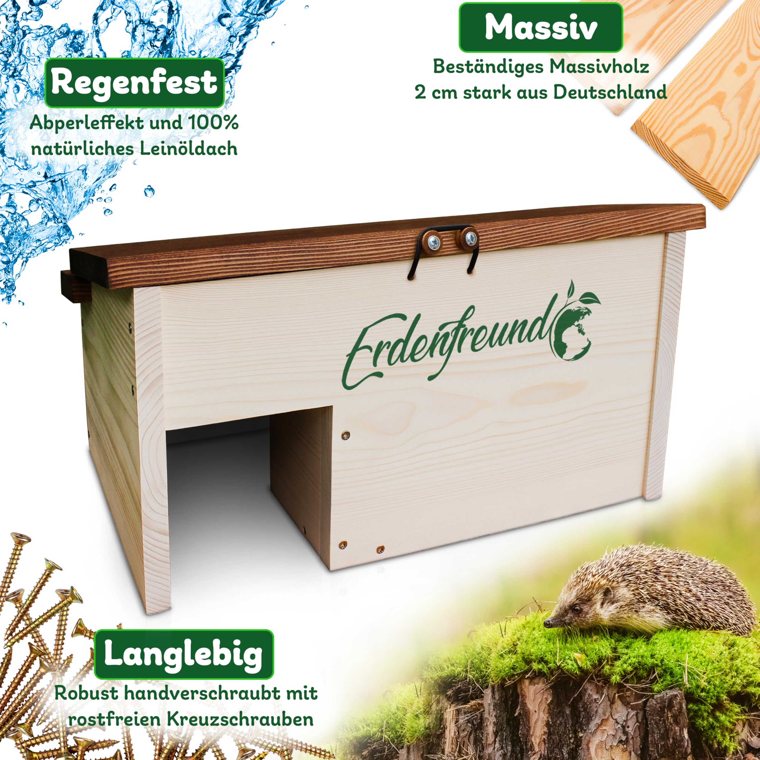 Erdenfreund® Casetta per ricci con chiusura di sicurezza sul tetto e ingresso labirinto contro Fressfeinde riccio e nidificazione per una famiglia di ricci (casa invernale per ricci)