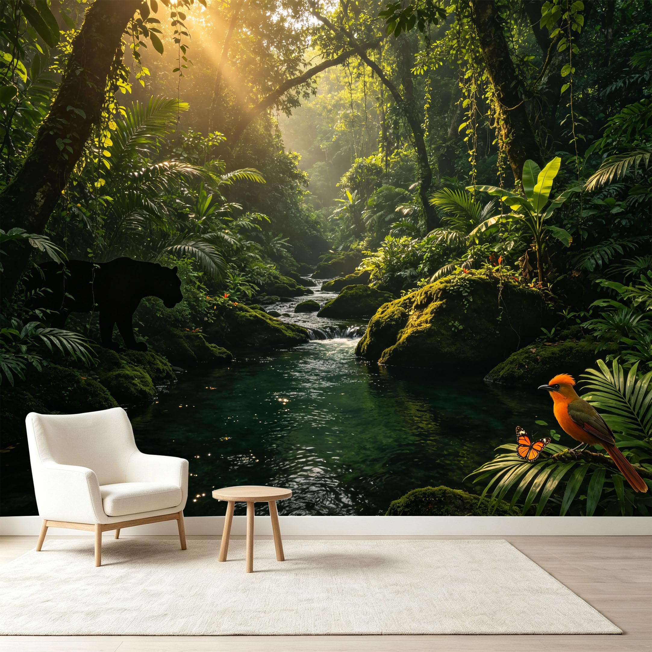 Custom Size Wall Murals Tropical Jungle Rainforest River Panther Wildlife Bird Butterfly Self-Adhesive Wall Fabric Removable Wallpaper Wall Decor for Living Room Bedroom Bathroom