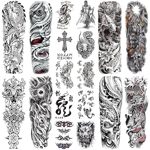 CUTELIILI Tatuaje temporal de Halloween para hombres y mujeres, 18 hojas, 8 hojas de tatuaje de manga completa y 10 hojas de tatuajes de medio