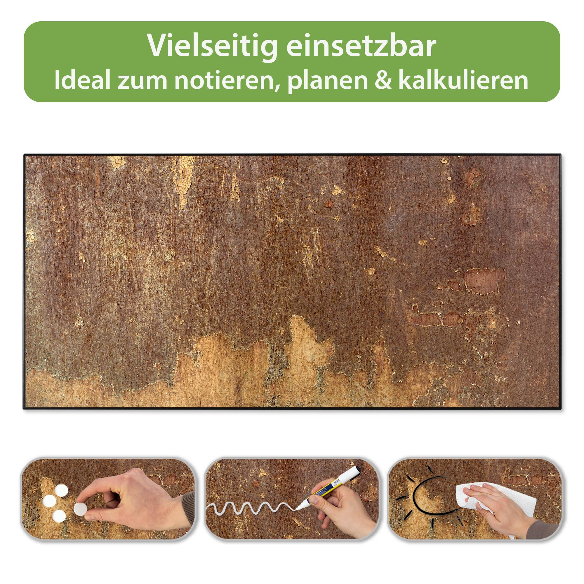 banjado Magnettafel Metall 78 x 37cm - beschreibbare Magnettafel - Metall Pinnwand als Memoboard - Magnetwand Küche, Büro, Kinderzimmer Schwarz inkl. 4 Magnete & Montageset - Motiv Rostige Patina