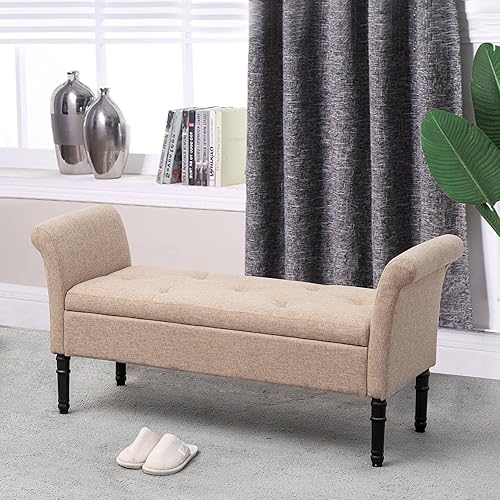 Miniatura 5 de annjoe Banco otomano de almacenamiento, banco de dormitorio, cama, entrada, pasillo, cofre/reposapiés/asiento acolchado (O70324-TAN, bronceado)