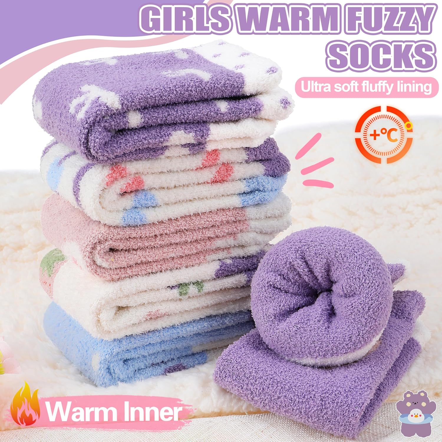 MOGGEI Kids Girls Toddlers Fuzzy Slipper Grips Socks Non Slip Warm Winter Fluffy Cozy Thick Fun Crew Gripper Socks 6 Pairs - Image 2